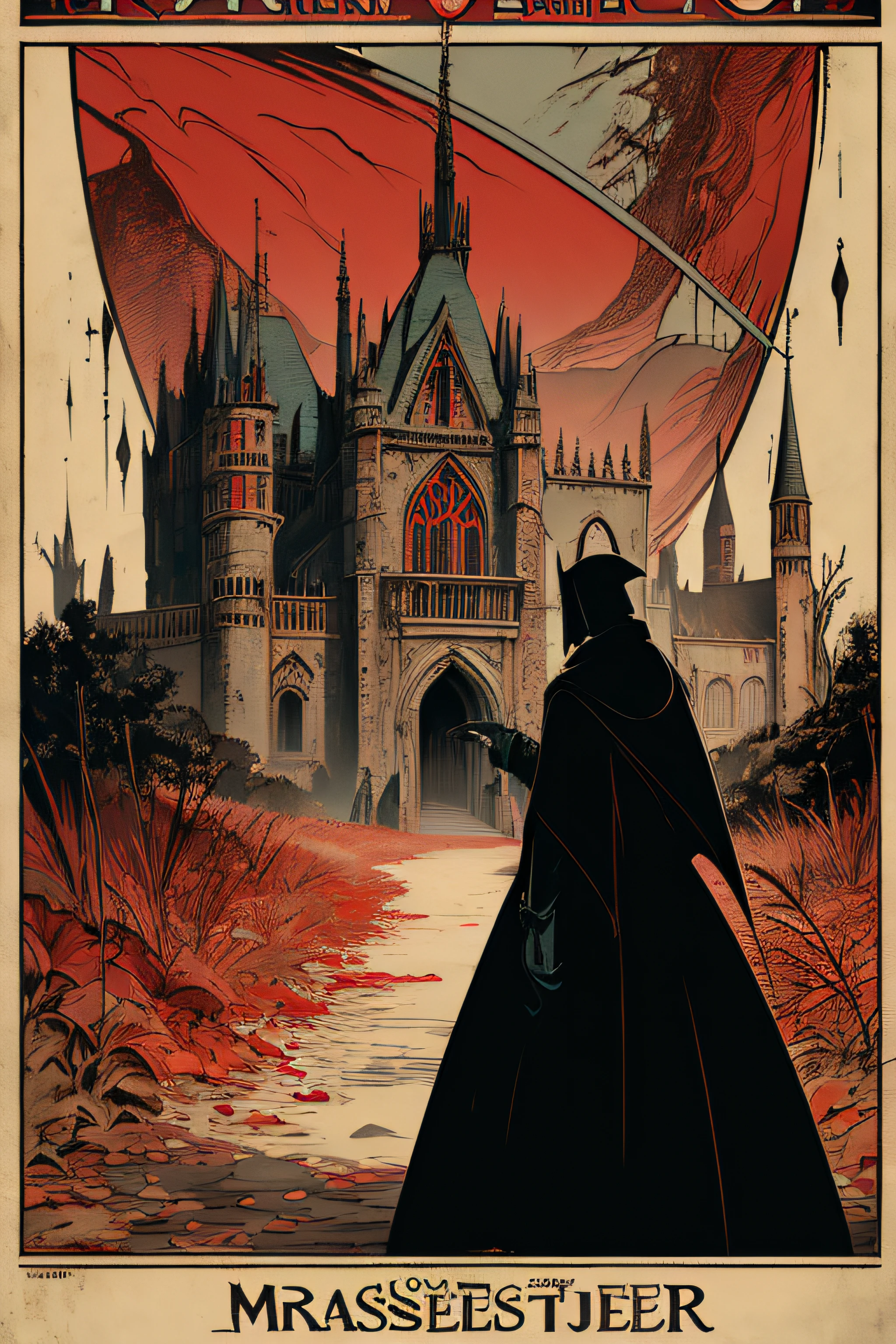 (Masterpiece, Best Quality), 8k Wallpaper, highly detailed, poster, Nosferatu, Count Orlak, vintage horror, 1940s, gothic horror thriller cinematic movie poster, Bauhaus, shapes, lines, abstract, propaganda, gothic, movie poster, vintage, black and red, castle, blood,