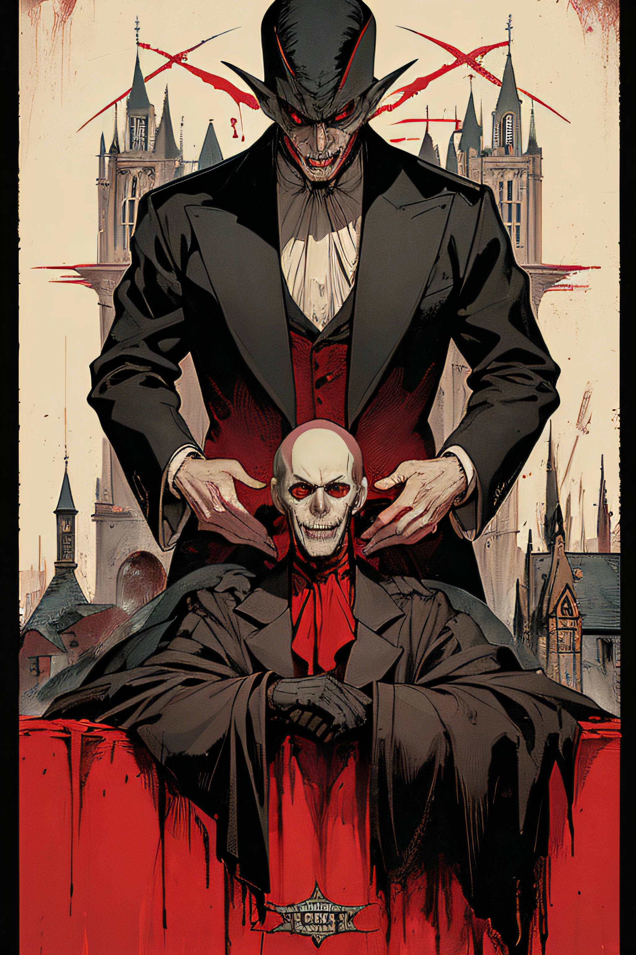 (Masterpiece, Best Quality), 8k Wallpaper, highly detailed, poster, Nosferatu, Count Orlak, vintage horror, 1940s, gothic horror thriller cinematic movie poster, Bauhaus, shapes, lines, abstract, propaganda, gothic, movie poster, vintage, black and red, castle, blood,