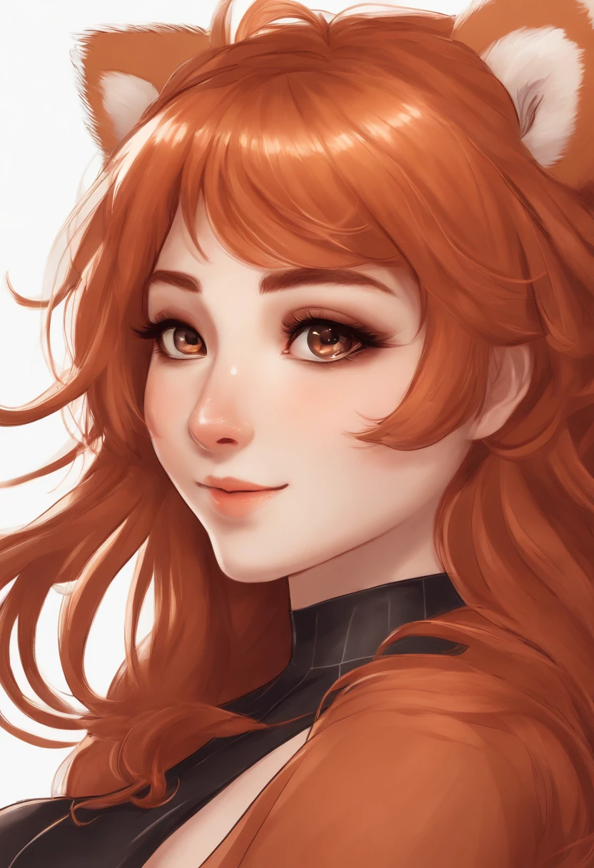 Draw for me a NSFW  Red Panda anime girl, with hair similar to Asuka Ninomiya but in Ginger color , her eyes are gentle eyes, color light brown almost orange but sparkly, her nose is small and mouth is small, she has 1 hair popping out on the top of her head like a curl upwards