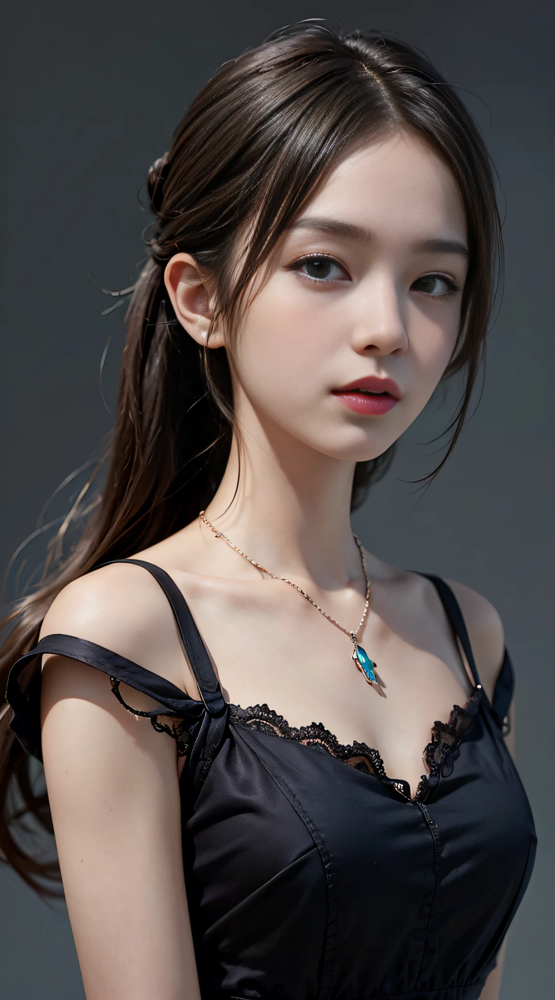 ((masterpiece:1.4)、(top-quality:1.4)、(reallistic:1.7))、masuter piece:1.4、Kawaii Girl、Portrait photos、Close-up photos、Upper body photography、beautiful countenance、defiance、dark backgrounds、Narrow waist、poneyTail、Raw photo、red-lips、a choker:1.4、a necklace:1.4、耳Nipple Ring:1.4、1 screen display、