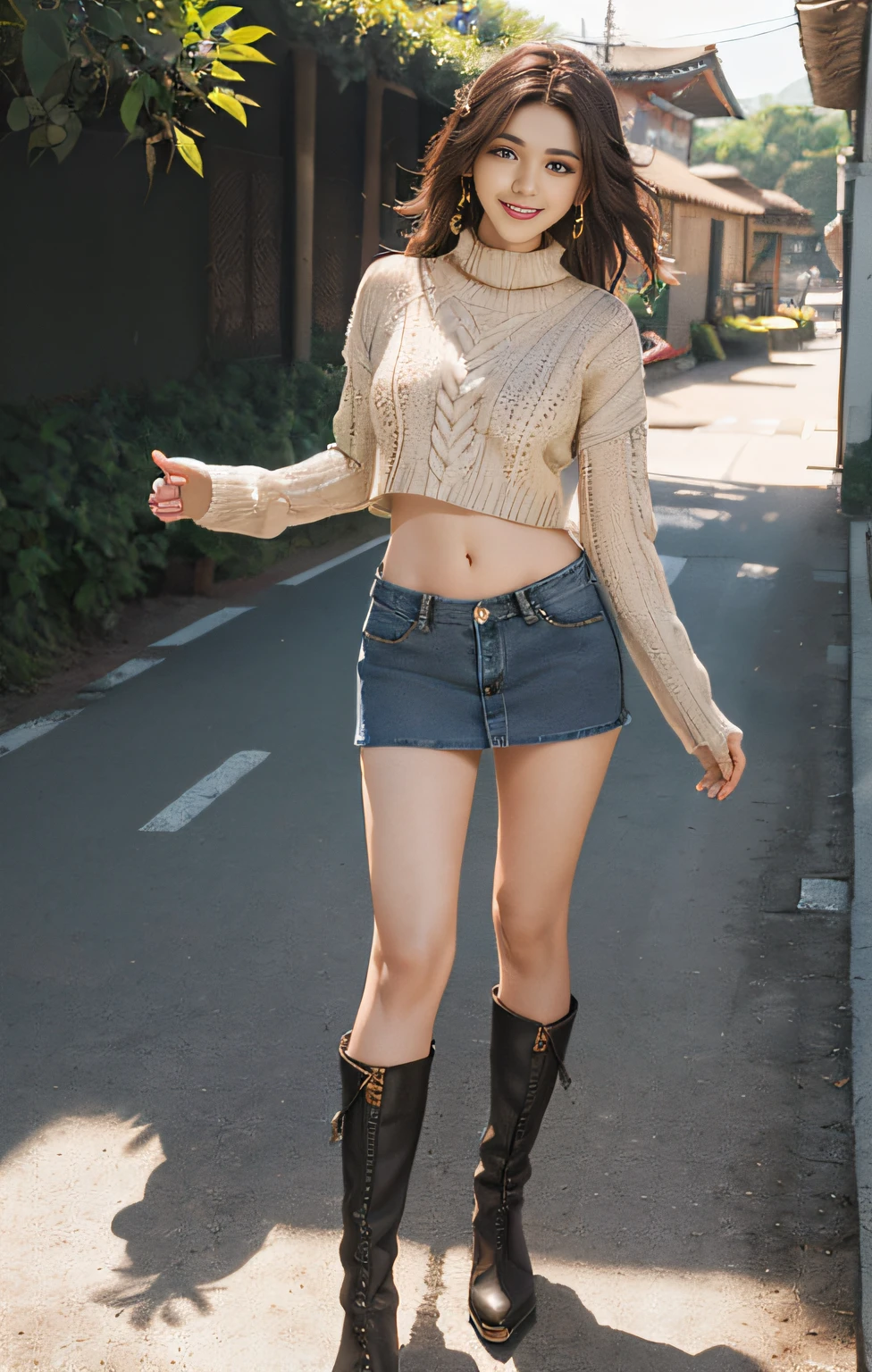 8K, masutepiece, Raw foto, Best Quality, Photorealistic, Wallpapers with extreme details CG Unity 8K, depth of fields, Cinematic Light, lensflare, Ray traching, (Extremely beautiful face, Beautiful lips, beautidful eyes), intricate detail face, ((Ultra Detail Skin)) 1girl in, (Korean model Kim Daun, Dhoni), (Korean model Kim Daun, Dhoni), (Korean model Kim Daun, Dhoni), (Korean model Kim Daun, Dhoni), (Korean model Kim Daun, Dhoni),1 girl, ((look up at viewer)),(huge smile:1.3), (blured background), A glimmer of light), (No people in the background.:1.3), Beautiful earrings, Clear eyes, Front shot, (pale-skinned), (Big eyes), (Big eyes) (Big eyes), (Big eyes), (Big eyes), Facing forward, (Full body shot), (ligh brown hair), Open the navel............, (look up at viewer:1.3), small hips, small hips,small hips, a slender waist, small hips, ((wide open abdomen))、((open abdomen))、((wide open navel))、((open navel))、((Bare belly))、((Mid-Riff Sweater))、((Ultra-low rise、Denim Mini Skirt))、 ((Navel Ejection))、((small hips))、((Full body depiction))、((small hip))、(long boots)、((Ultra-low rise))、 ((Denim Mini Skirt))、((is standing))、
