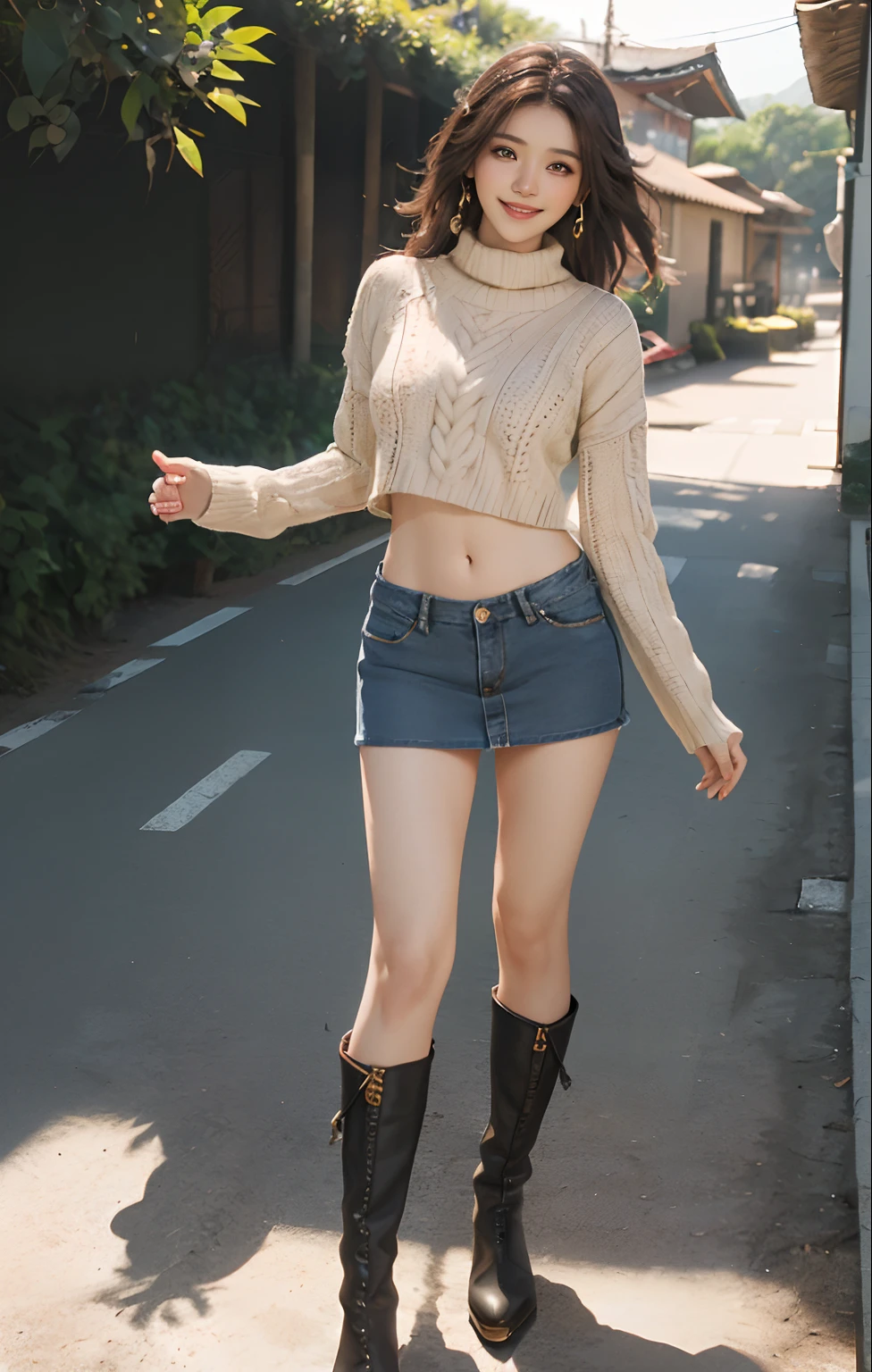 8K, masutepiece, Raw foto, Best Quality, Photorealistic, Wallpapers with extreme details CG Unity 8K, depth of fields, Cinematic Light, lensflare, Ray traching, (Extremely beautiful face, Beautiful lips, beautidful eyes), intricate detail face, ((Ultra Detail Skin)) 1girl in, (Korean model Kim Daun, Dhoni), (Korean model Kim Daun, Dhoni), (Korean model Kim Daun, Dhoni), (Korean model Kim Daun, Dhoni), (Korean model Kim Daun, Dhoni),1 girl, ((look up at viewer)),(huge smile:1.3), (blured background), A glimmer of light), (No people in the background.:1.3), Beautiful earrings, Clear eyes, Front shot, (pale-skinned), (Big eyes), (Big eyes) (Big eyes), (Big eyes), (Big eyes), Facing forward, (Full body shot), (ligh brown hair), Open the navel............, (look up at viewer:1.3), small hips, small hips,small hips, a slender waist, small hips, ((wide open abdomen))、((open abdomen))、((wide open navel))、((open navel))、((Bare belly))、((Mid-Riff Sweater))、((Ultra-low rise、Denim Mini Skirt))、 ((Navel Ejection))、((small hips))、((Full body depiction))、((small  hip))、(long boots)、((Ultra-low rise))、 ((Denim Mini Skirt))、((is standing))、