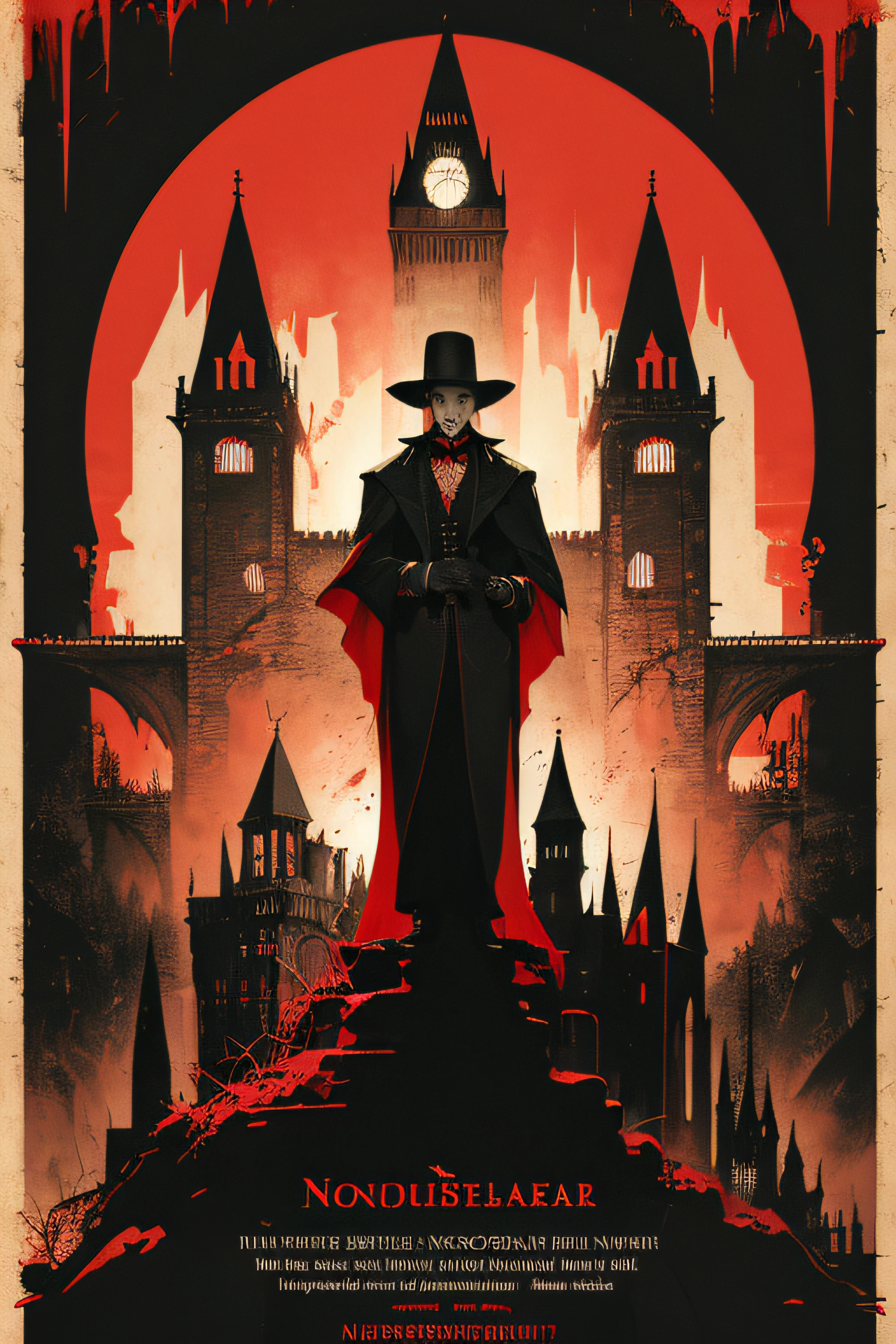 (Masterpiece, Best Quality), 8k Wallpaper, highly detailed, poster, Nosferatu, Count Orlak, vintage horror, 1940s, gothic horror thriller cinematic movie poster, Bauhaus, shapes, lines, abstract, propaganda, gothic, movie poster, vintage, black and red, castle, blood,
