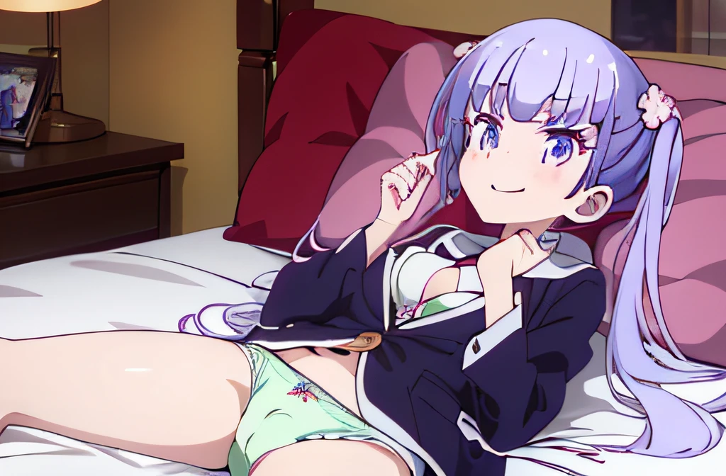 ((masutepiece)), ((Best Quality)), (Ultra-detailed), Anime style, Luxury bed,  s, 1girl in, Solo,((Beautiful eyes)), large full breasts, wearing underpants, Smile