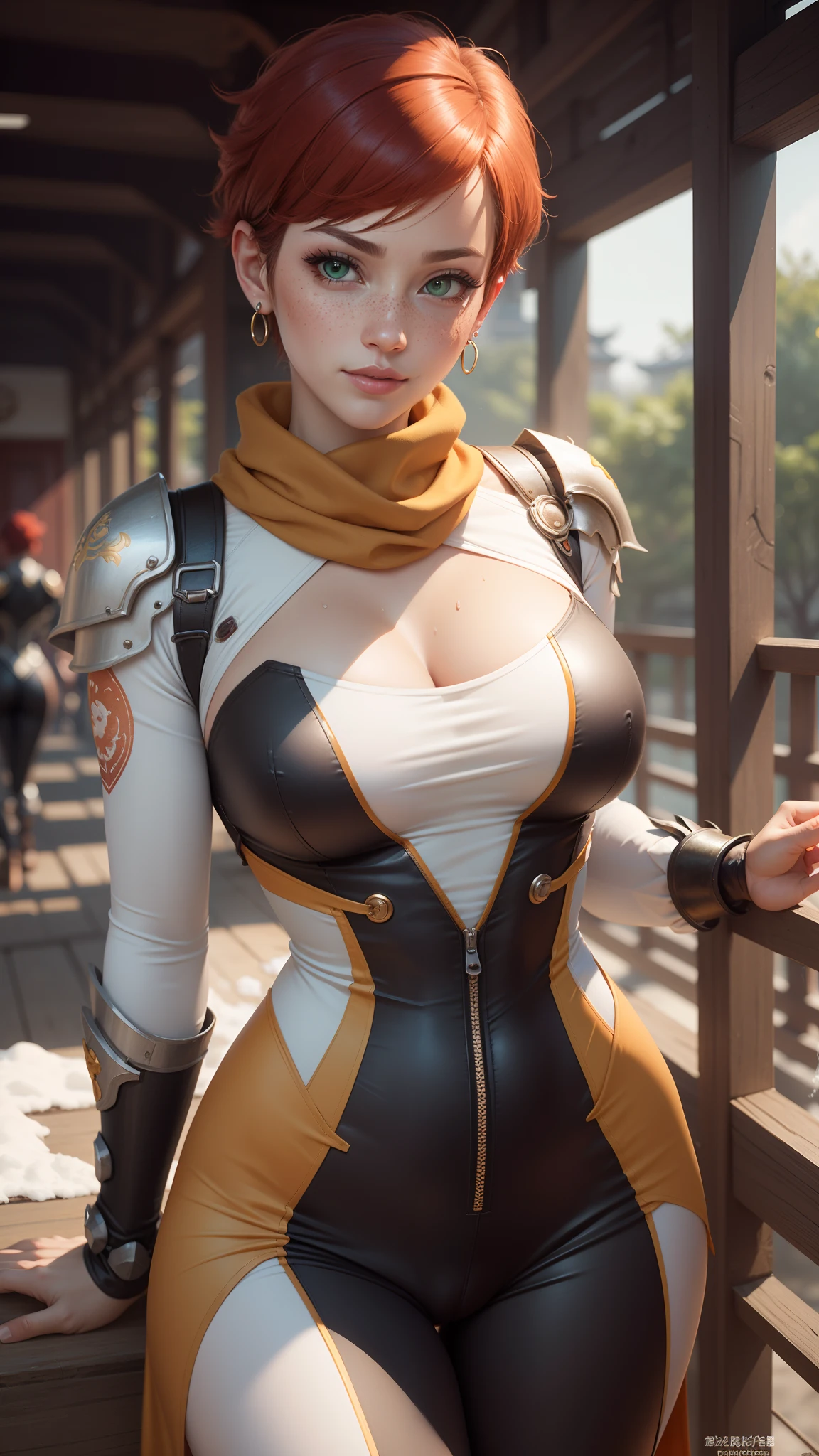 gwen tennyson,tracer,chun-li,rebecca chambers,overwatch,gundam,1girl,close up,mecha pilot,chinese garden,orange and rose chinese dress,plugsuit,hair pin,pirate corset,white long sleeve lycra top,silver leggings,short hair,cute makeup,green eyes,orange and gold hair,shy smile, freckles,redhead,beautiful girl,large breasts,ultra detailed,realistic, fantasy art,long dress,steel armor,snow scarf,chinese armor,earrings,wet shirt,