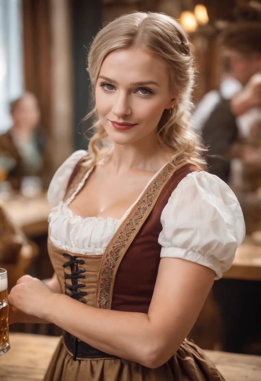 Oktoberfest. Portrait. Eine Frau mit langen blonden Haaren. Dirndl. Auf dem Tisch Tanzend. Angezogen im Dirndl und hohe Schuhe