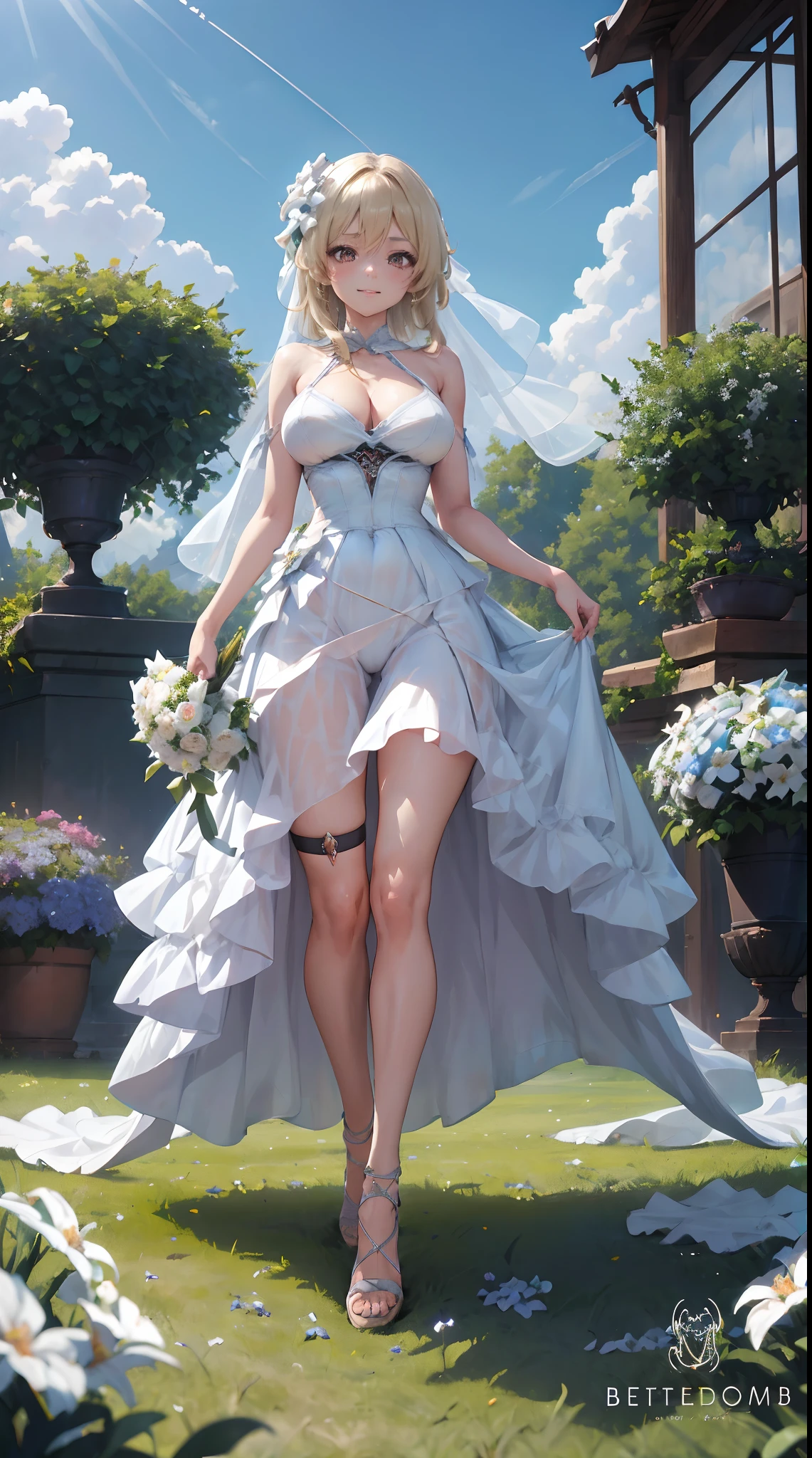 Lumine | genshin impact, master-piece, bestquality, 1girls,25 years old, proportional body, proportional., Wedding Dresses, White Wedding Dress, Long skirt, wedding, mediuml breasts, ,bara, Standing in the middle of a flower garden, outdoor, wedding, The sky is beautiful, Both hands hold a bouquet of flowers......................., View viewers from the front., Thigh strap, Head tilt, bored, 10, 10, HD, slight smile,