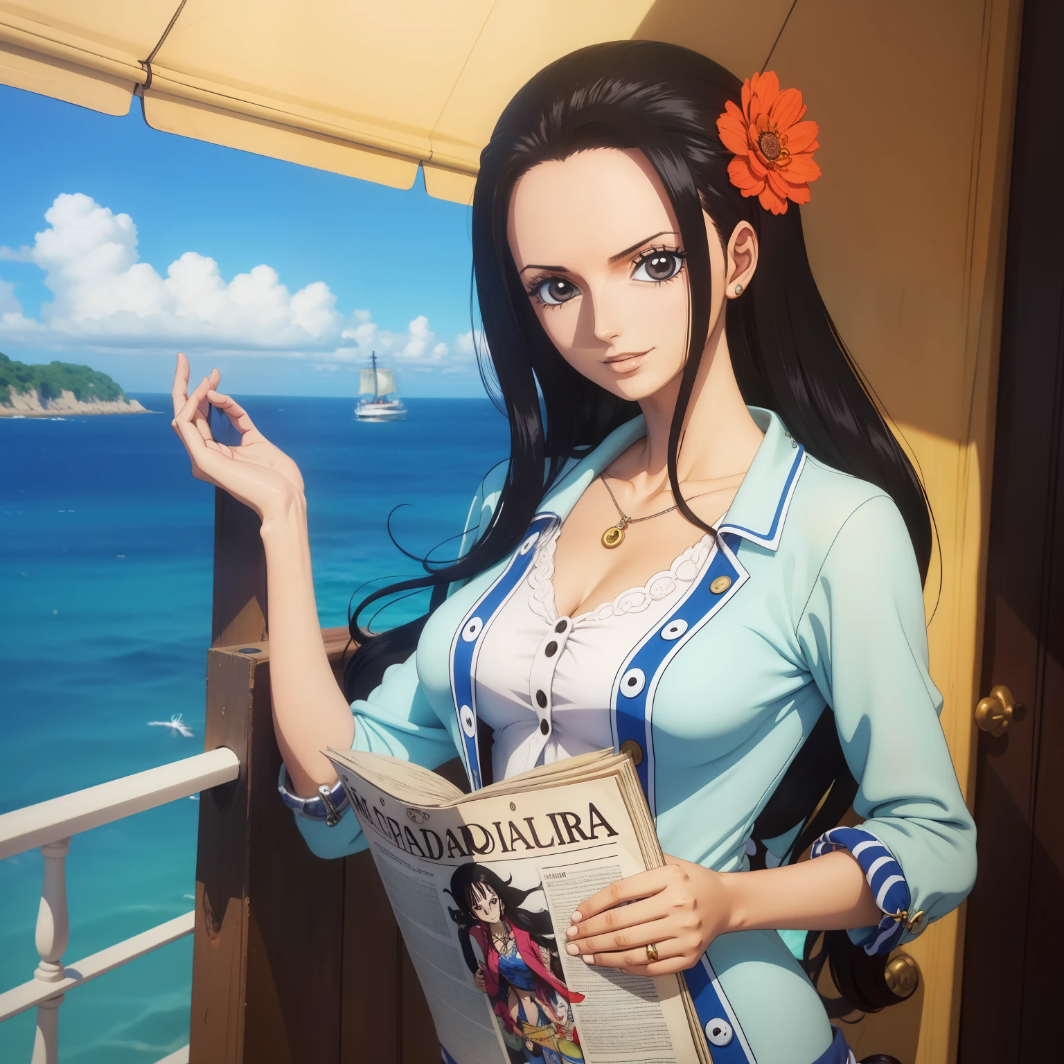 melhor qualidade, obra prima, u detalhada, from one piece, Estilo One Piece, Arte do local, arte chave, NAVIO, biblioteca, mulher de cabelos pretos cabelo comprido, Happy expression and laughter, Pose para foto, majo, Feliz, diary on her hand, perfect hands, Nico Robin, vestindo roupas pretas, middlebreasts, lendo jornal, no mastro do navio