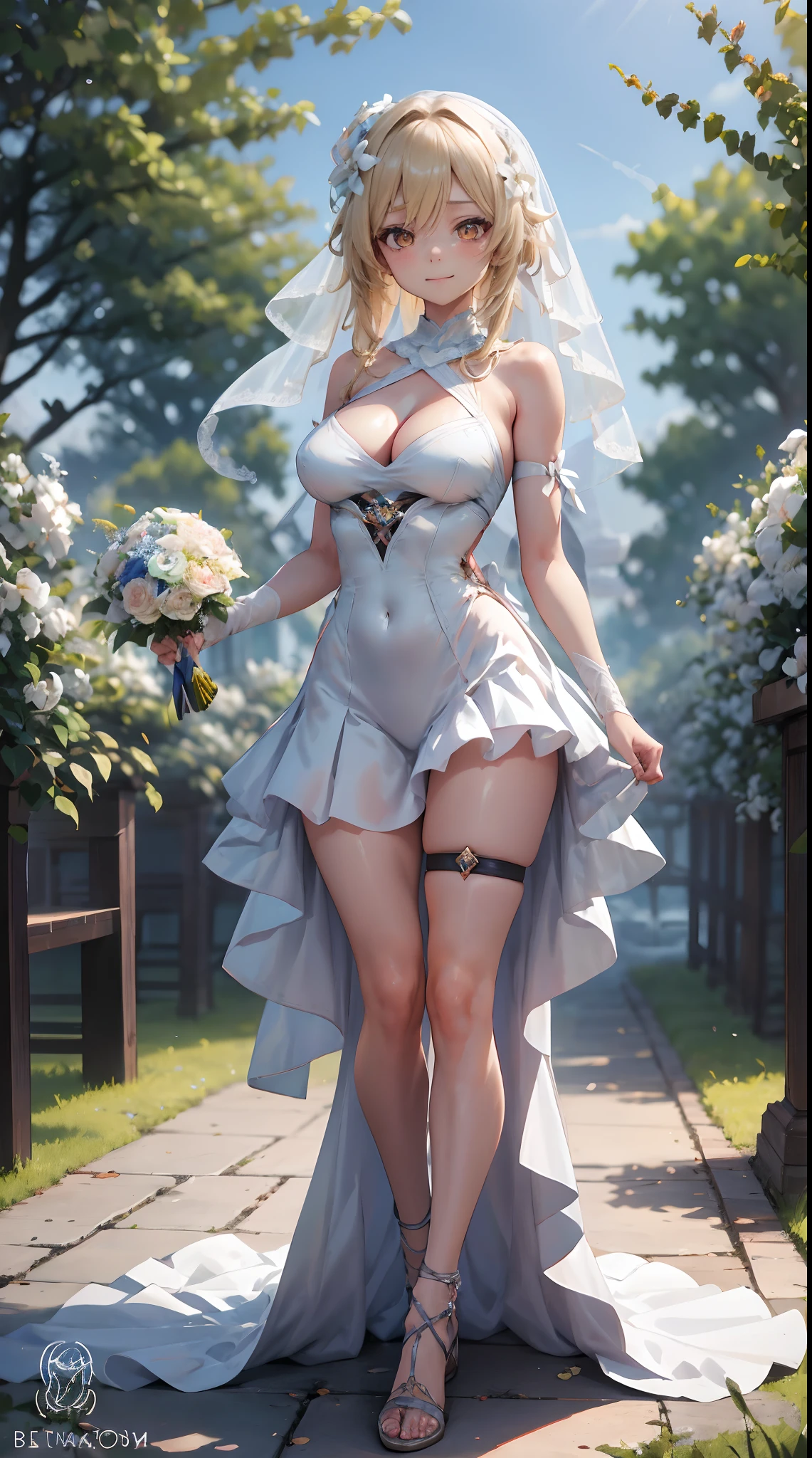 Lumine | genshin impact, master-piece, bestquality, 1girls,25 years old, proportional body, proportional., Wedding Dresses, White Wedding Dress, Long skirt, wedding, mediuml breasts, ,bara, Standing in the middle of a flower garden, outdoor, wedding, The sky is beautiful, Both hands hold a bouquet of flowers......................., View viewers from the front., Thigh strap, Head tilt, bored, 10, 10, HD, slight smile,