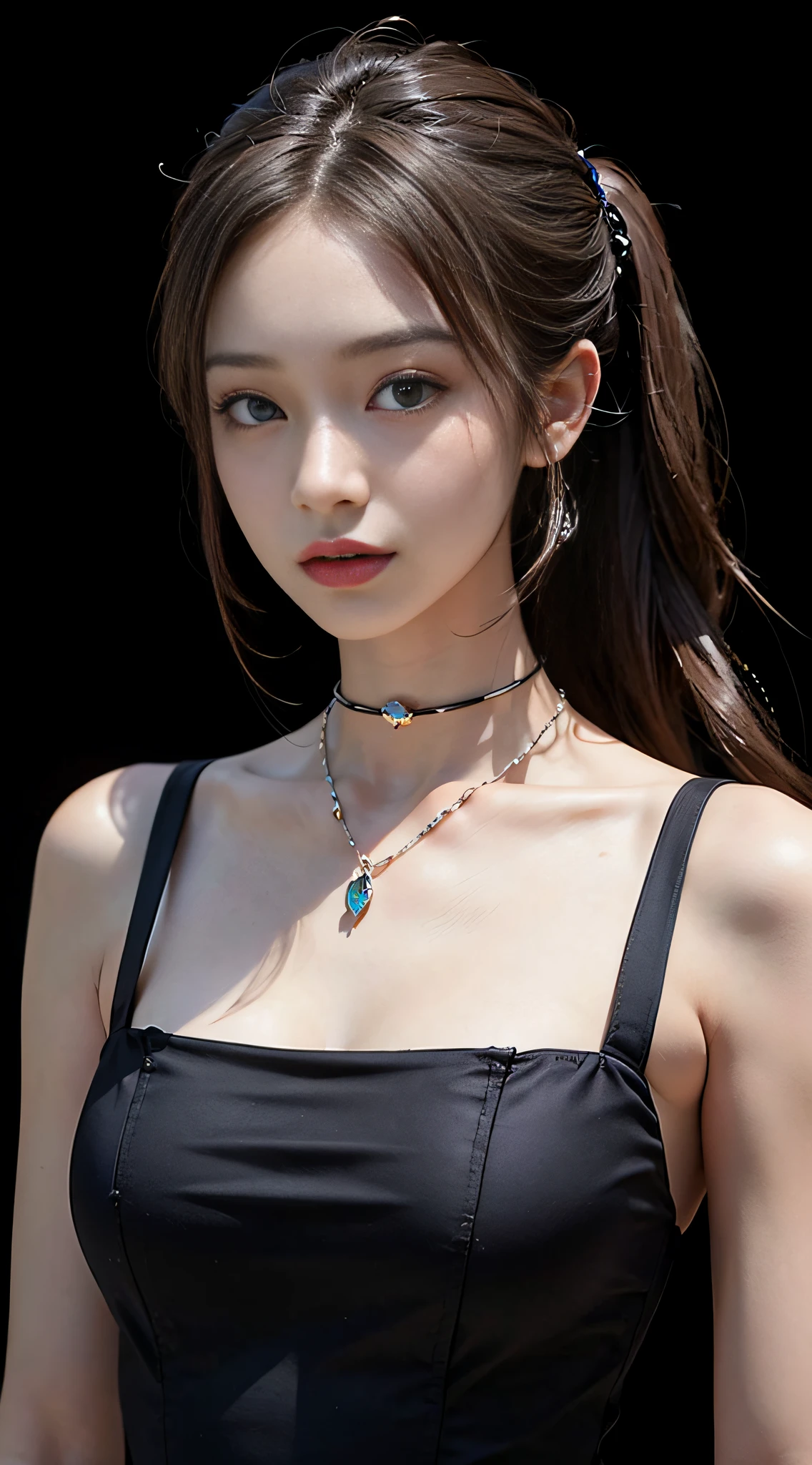 ((masterpiece:1.4)、(Highest quality:1.4)、(Realistic:1.7))、Masterpiece:1.4、Pretty Girl 0、pretty girl、Portrait Photography、Close-up photo、Upper body photo shoot、Beautiful expression、Resistance、Dark Background、Tight waist、ponytail、RAW Photos、Red lips、choker:1.4、necklace:1.4、Earrings:1.4、1 Screen Display