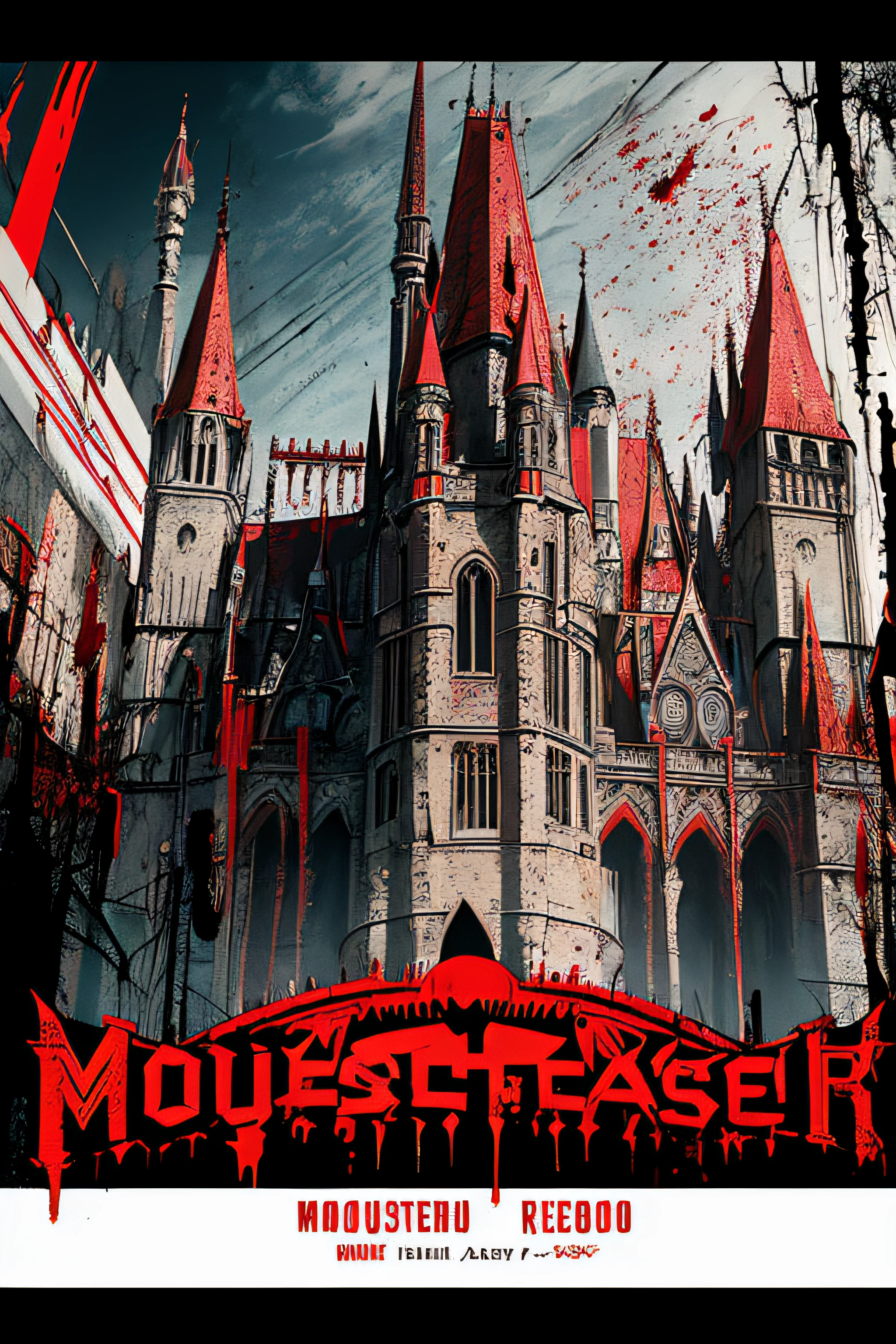 (Masterpiece, Best Quality), 8k Wallpaper, highly detailed, poster, Nosferatu, Count Orlak, vintage horror, 1940s, gothic horror thriller cinematic movie poster, Bauhaus, shapes, lines, abstract, propaganda, gothic, movie poster, vintage, black and red, castle, blood, Nosferatu, vampire, horror, movie poster style, vintage, Bauhaus, gothic, double exposure, sharp teeth, castle, double exposure, black, white and red.