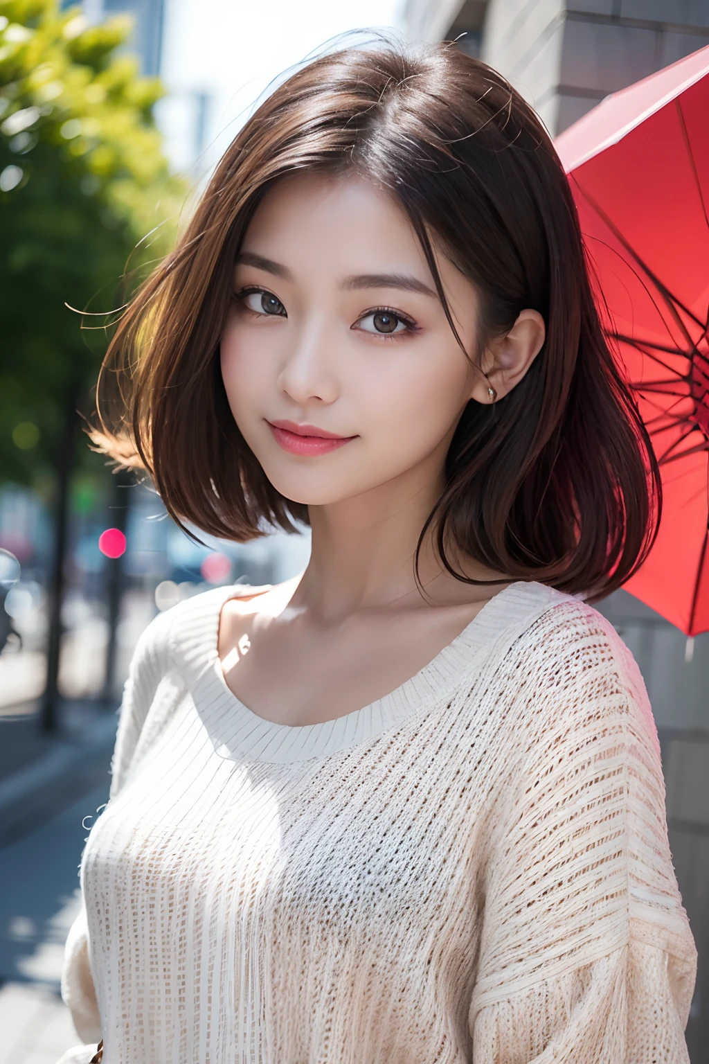 (8K,Raw photo、Raw photo、top-quality、Master masterpiece:1.2)、ultra-detailliert、Super Resolution、(Photorealsitic:1.3)、Angle to shoot from the front、Clearly draw shades of light、high resolution RAW color photos、professional photograpy、Same skin type as humans、Female proofreading of Japan from head to waist、Blur the background、Draws faithfully to anatomy、Very detailed and beautiful、Ultra-high image quality、long、Hair swaying and sexy、Very detailed beautiful girl、(Pink Eye Shadow)、smil、Plain clothe、The upper part of the body、Sateen、put up an umbrella、Loosely curly hair、Sweaters、