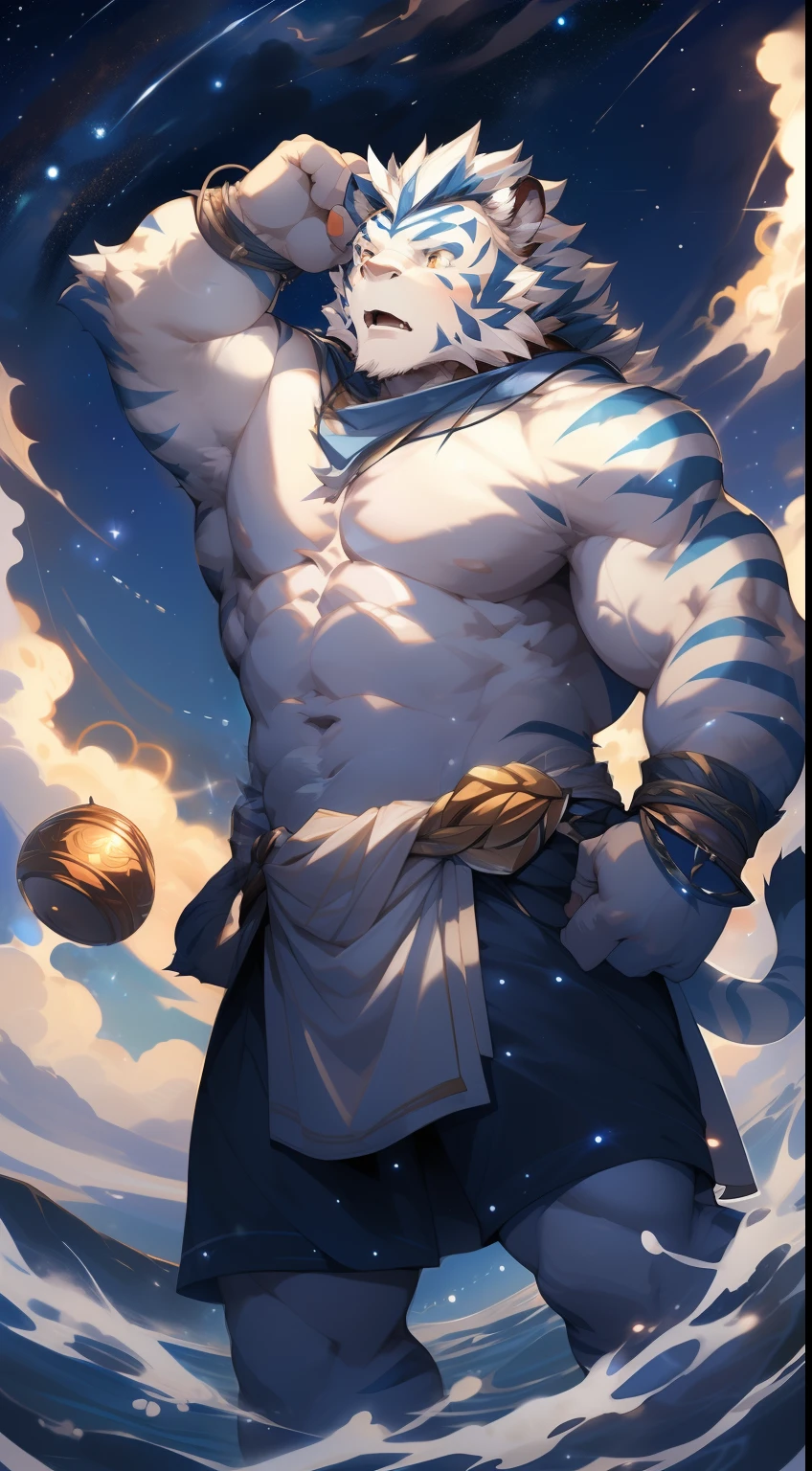 (by null-ghost, by thebigslick, By Darkgem, by Honovy), Kogenta (Onmyoji Oyamaji Temple), high-definition photograph, Perfect anatomy, Anthropomorphic white tiger, male people, 20yr old, god of thunder, Thick eyebrows, Light blue stripes, Strong body, large pecs, Pink milk clusters, He floats in the starry sky, wearing long white togas, flowy, Starlight surrounded him, one arm raised, Summon Flowing Clouds,(Starry sky at night:1.5), Serious expressions, Be red in the face, Golden pupils, Look down, Clear facial features, Strong, Solo, Bottom-up perspective, fog atmosphere, Clouds,upper sky
