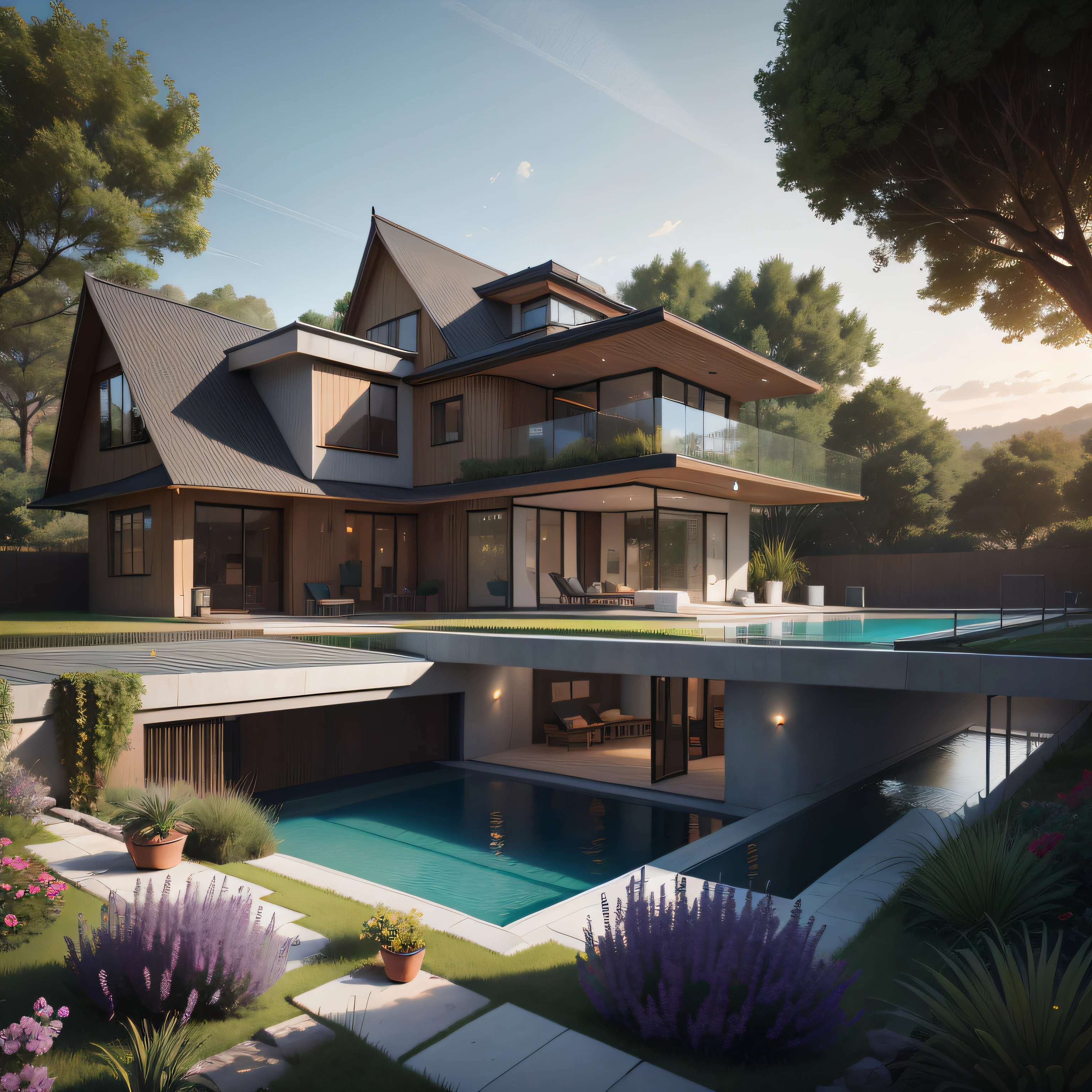 Organic modern architecture on a fairly large plot, from , there is a swimming pool in the middle of a large house of a flower, color of the house in chocolate brown and black beams, large modern residence, flat roofs and garden, render luxcore, render oktane, a photorealistic rendering, architectural rendering, mantra rendering, architectural rendering, realistic rendering, architectural visualization, wellness pool, Architectural visualization, large green zones, with small zones of lavender flowers, green shrubs type lush green garden, as well as small water mirrors, swimming pool embedded in an area of sand, olive and pine trees around the house, paddle court next to the house