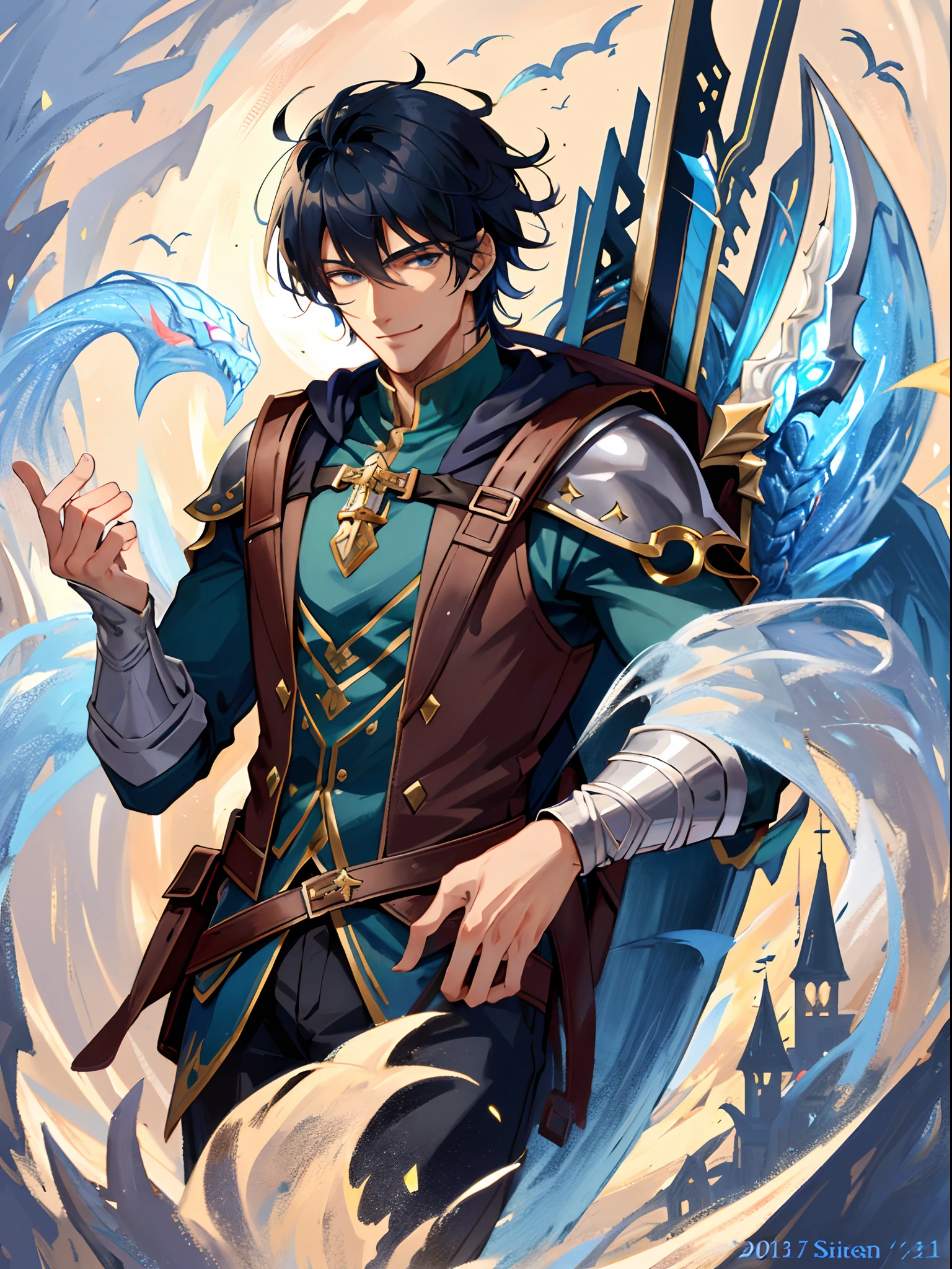 Fine quality,high detailed,super detailed,1 man,(handsome:1.2) with sharp face,charming smile and stylish costume,(adventure:0.8) with backpack,1 world,(fantasy:1.5) with various scary creatures,(modern:0.8) with skyscraper,Smile,Upper body,(best quality),looking at viewer,