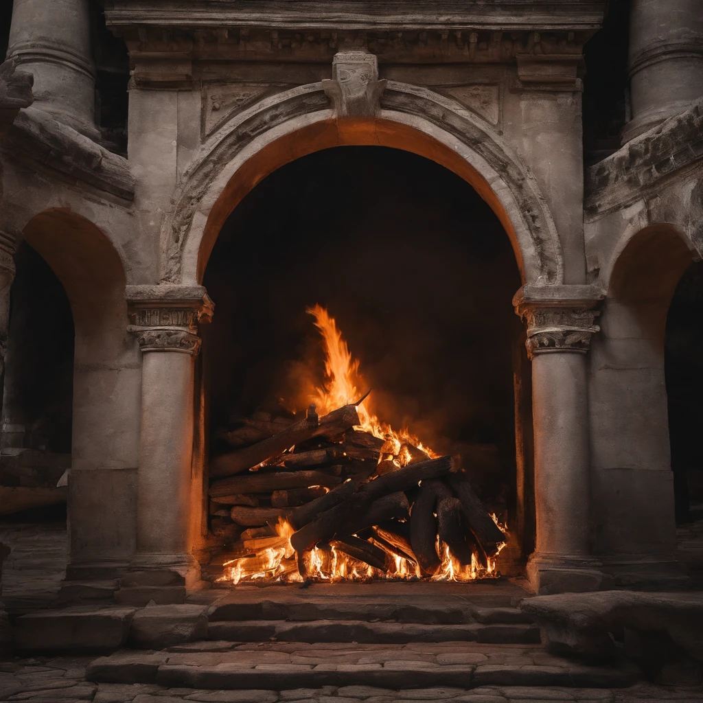 Generate an image of a menacing fire engulfing ancient Rome. (4k), (melhor qualidade), (melhores detalhes), (ultra realistic), 8k