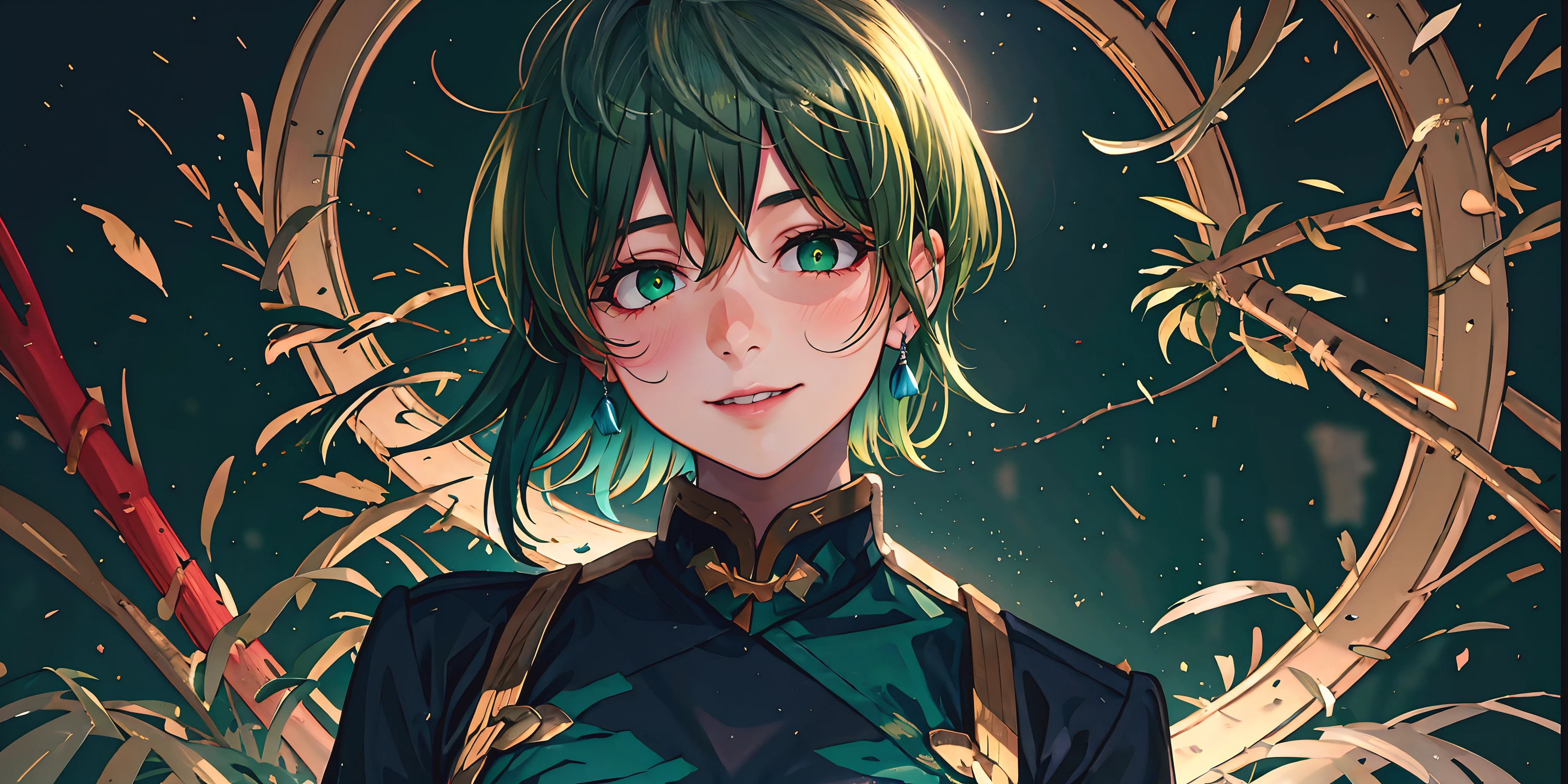 tenka izumo, (short hair, green hair:1.6), green eyes, multicolored hair, sweating, glowing eyes, heavy breathing, earrings, jewelry, solo, looking_at_viewer, upper_body, androgynous, letterboxed, simple_background, gold_trim,, chinese_clothes, green_dress, glow effects, godrays, Hand drawn, render, 8k, octane render, cinema 4d, blender, dark, atmospheric 4k ultra detailed, cinematic, Sharp focus, big depth of field, Masterpiece, colors, 3d octane render, 4k, concept art, trending on artstation, hyperrealistic, Vivid colors, extremely detailed CG unity 8k wallpaper, trending on CGSociety, Intricate, High Detail, dramatic,