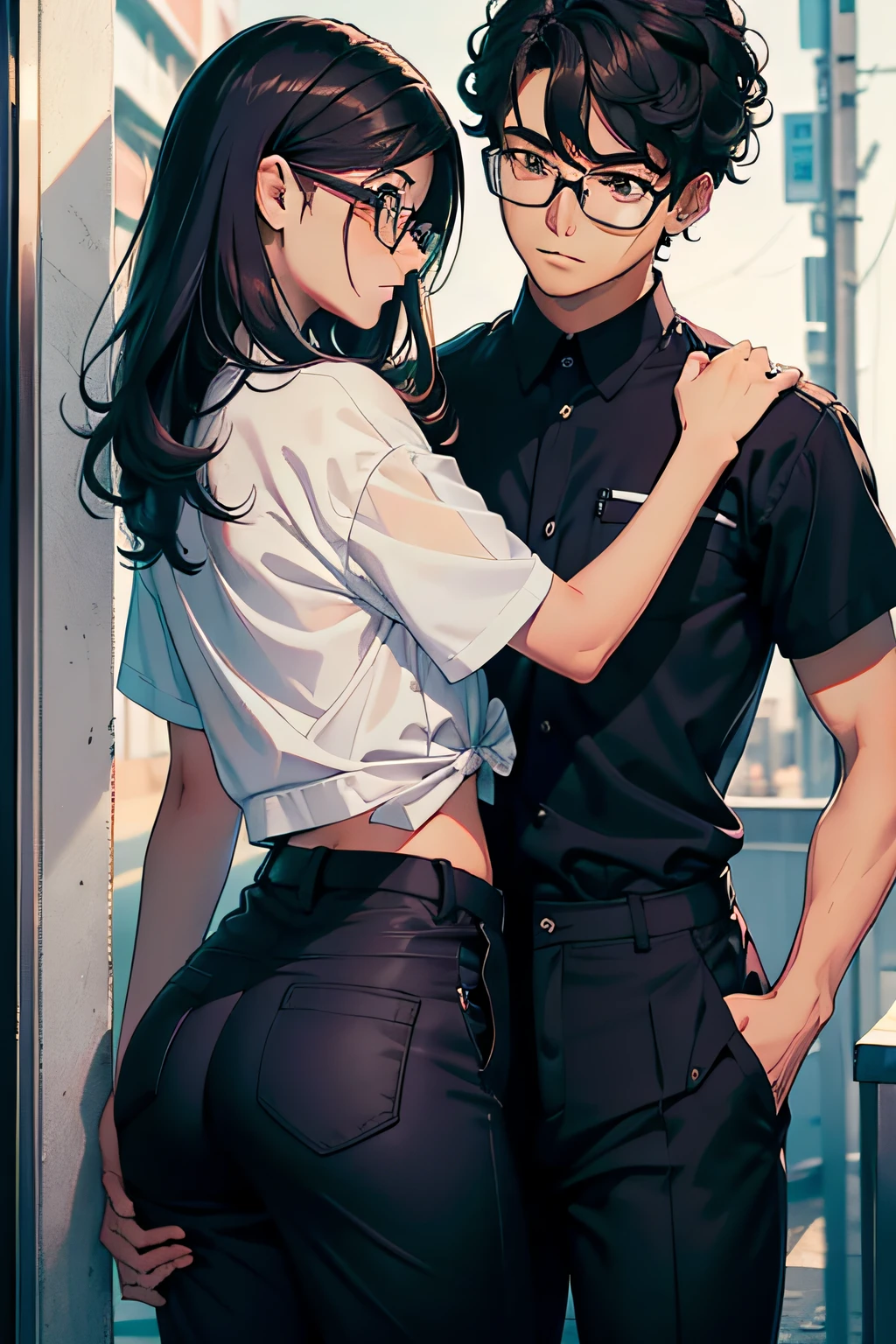 1girl, 2boy, crotch grab