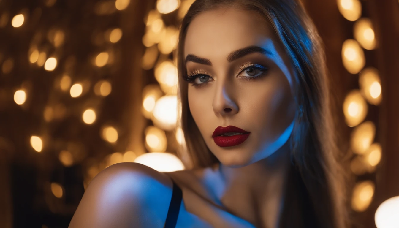 Ai Robot posing at a night club, fille sexy aux yeux bleus, Portrait Sophie Mudd, blur background, best quality, 1girl, Portrait de Corinna Kopf, cheveux blonds et grands yeux, selfie of a young woman, ohne Maquillage, maquillage naturel, Look directly into the camera, Visage avec Artgram, dezentes Maquillage, Superbe photo du corps entier, dans la chambre, Gros seins, Blonde, latina