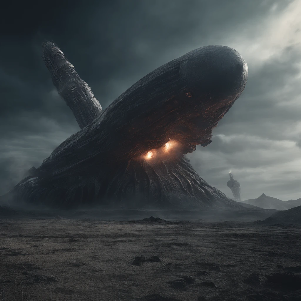 glossy phallic spaceship crash landing on alien planet, tentacles, smoke, explosion, muted color grading, sci-fi, horror, wide-angle shot