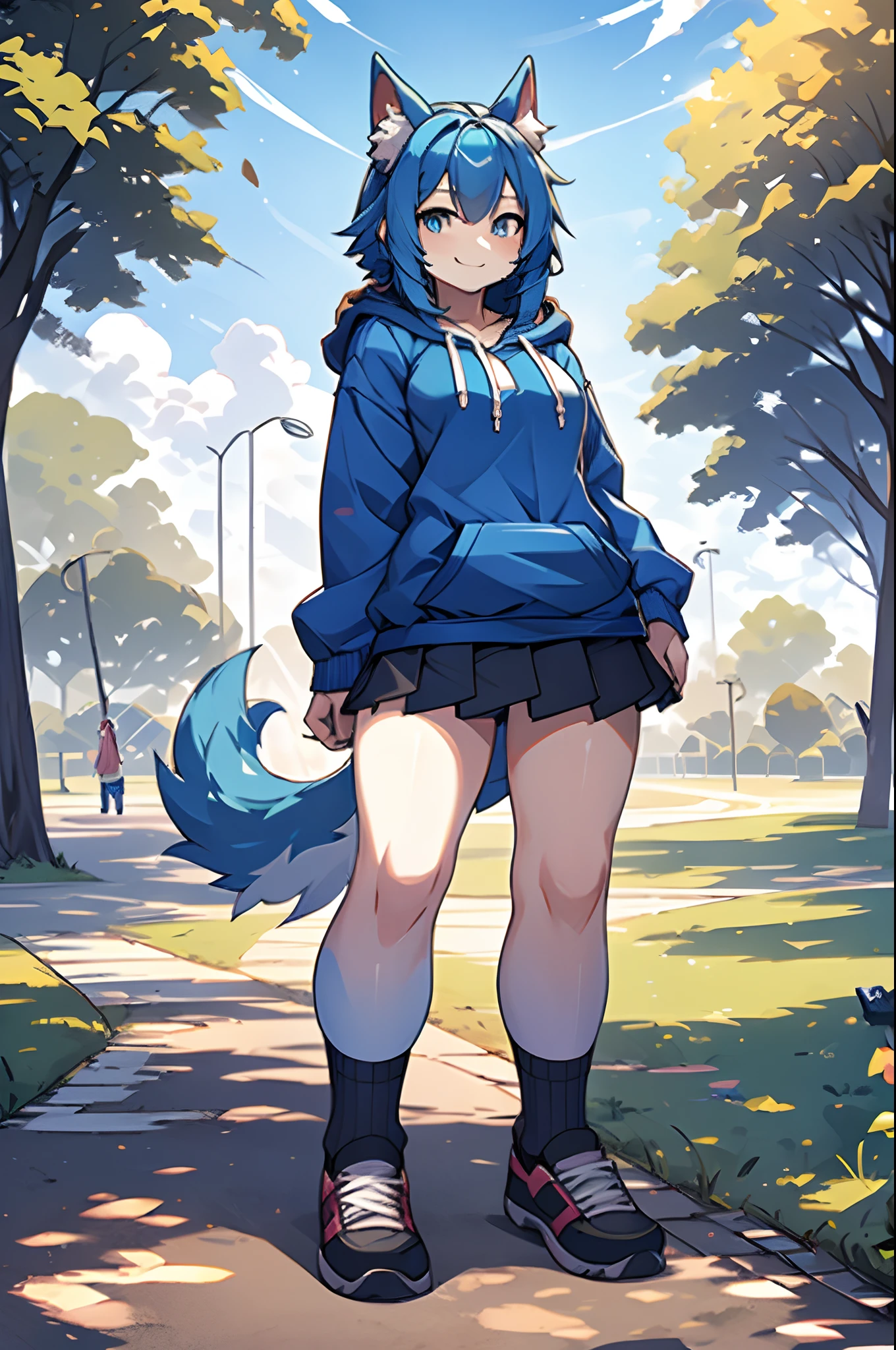 (Masterpiece) (High Detail) (High Res) A small petite humanoid girl with long blue hair, blue dog ears and a fluffy dog tail, is stood in the middle of a park. Stood up. Full body reference image. white socks, blue hoodie, pleated skirt. png, blank background, smiling.