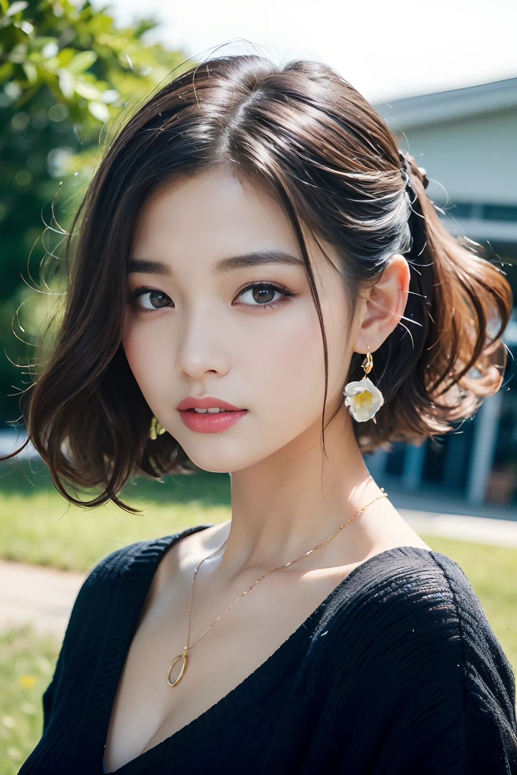(8K,Raw photo、Raw photo、top-quality、Master masterpiece:1.2)、ultra-detailliert、Super Resolution、(Photorealsitic:1.3)、Angle to shoot from the front、Clearly draw shades of light、high resolution RAW color photos、professional photograpy、Same skin type as humans、Female proofreading of Japan from head to waist、Blur the background、Draws faithfully to anatomy、flower bouquet、Very detailed and beautiful、Ultra-high image quality、long、Hair swaying and sexy、Very detailed beautiful girl、（Pink Eye Shadow）、smil、Plain clothe、The upper part of the body、Loosely curly hair、Sweaters、Cheek cane、a necklace、