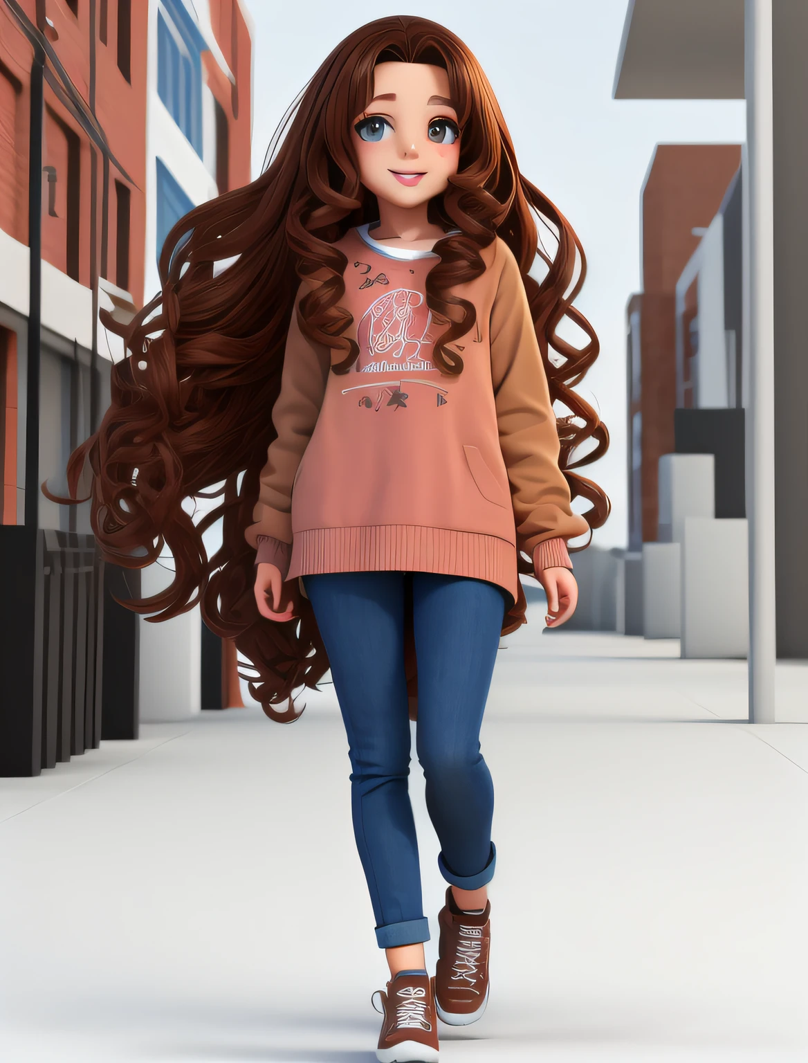 Cartoon girl with long brown hair and brown walking shoes, Render de una linda chica de anime 3D, Render de abril, Lindo renderizado 3D, Adorable pintura digital, Lindo arte digital detallado, Lindo estilo de arte, cabello masivo que fluye, Lindo arte digital, long curly brown hair, character is in her natural pose, 3D render estilizado, Anime estilo 3D
