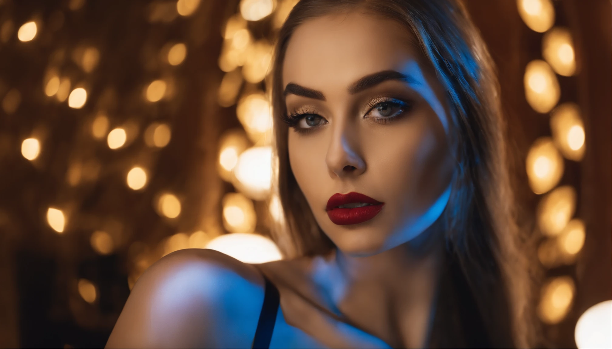 Ai Robot posing at a night club, fille sexy aux yeux bleus, Portrait Sophie Mudd, blur background, best quality, 1girl, Portrait de Corinna Kopf, cheveux blonds et grands yeux, selfie of a young woman, ohne Maquillage, maquillage naturel, Look directly into the camera, Visage avec Artgram, dezentes Maquillage, Superbe photo du corps entier, dans la chambre, Gros seins, Blonde, latina