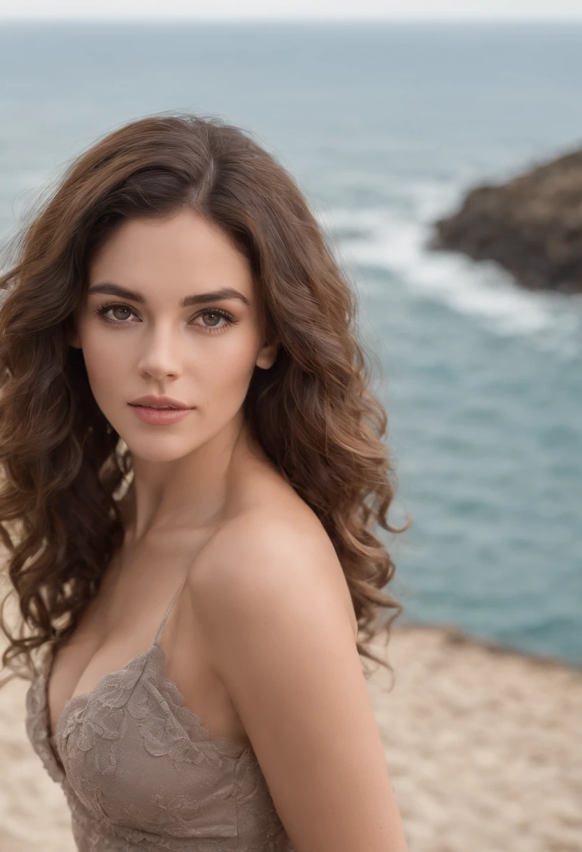 european portuguese sexy 30 years woman, brunette curly long hair, brown eyes, sea on background with palmer, ultra realistic, beautiful eyes, full body picture, normal to big breast, detailed face, perfect skin, looking sexy at camera, trending on artgram, 50mm, stunning, studio, high quality photo, HQ