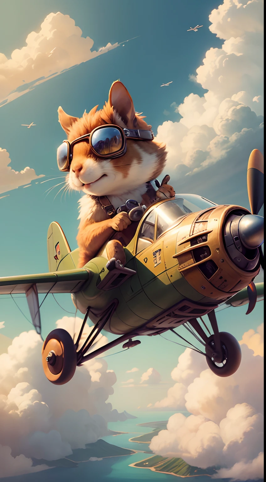 (masterpiece), best quality, a squirrel [riding : driving: 7] on a airplane, mini airplane, close up, cute, fantasy, on air, beautiful clouds, flying, freedom, wind, steam punk style, no_humans, goggles, (airplane with wings:1.1), squirrel tail, freedom feeling, good vibes, happy atmosphere, BREAK the squirrel is happy, the squirrel has a beautiful furr, the squirrel furr is swaying in the wind, the plane has two small wheels bellow, golden airplane, the airplane has gears, BREAK vivid colors, gorgeous clouds, incredible, amazing, breath taking, award winner image, 4k,high res, absurdes, detailed