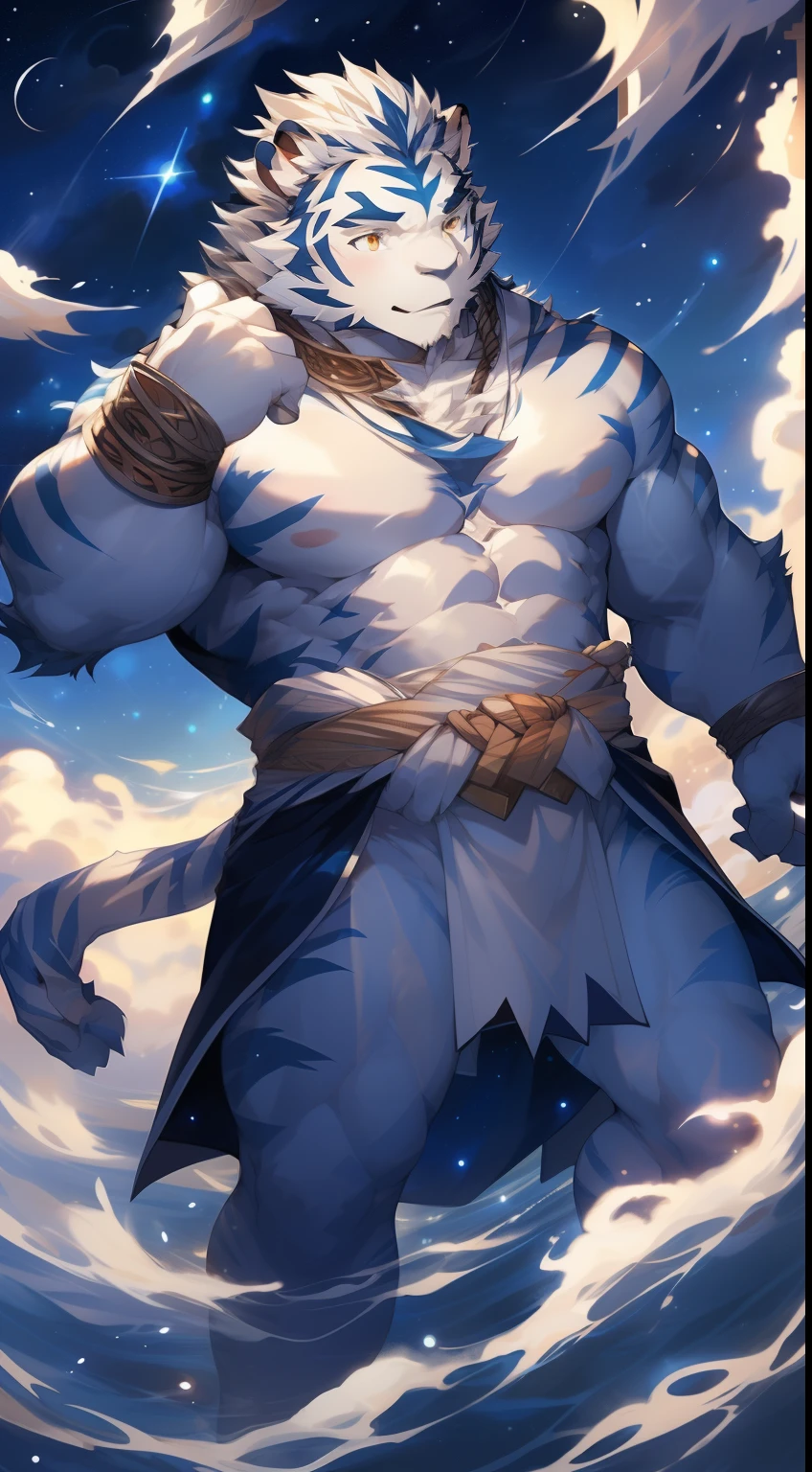 (by null-ghost, by thebigslick, By Darkgem, by Honovy), Kogenta (Onmyoji Oyamaji Temple), high-definition photograph, Perfect anatomy, Anthropomorphic white tiger, male people, 20yr old, god of thunder, Thick eyebrows, Light blue stripes, Strong body, large pecs, Pink milk clusters, He floats in the starry sky, wearing long white togas, flowy, Starlight surrounded him, one arm raised, Summon Flowing Clouds，(Starry sky at night:1.5), Serious expressions, Be red in the face, Golden pupils, Look down, Clear facial features, Strong, Solo, Bottom-up perspective, fog atmosphere, Clouds，upper sky