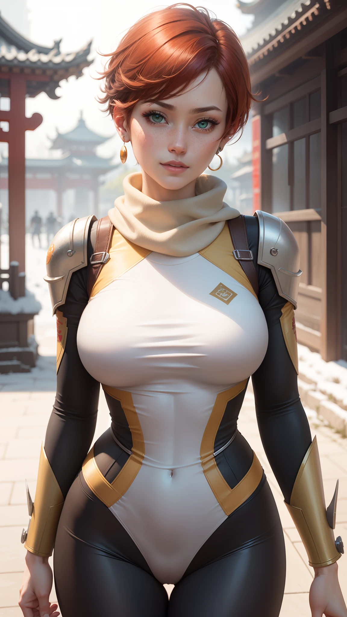 gwen tennyson,tracer,chun-li,rebecca chambers,overwatch,gundam,1girl,close up,mecha pilot,chinese garden,orange and rose plugsuit,pirate corset,white long sleeve lycra top,silver leggings, short hair,cute makeup,green eyes, orange and gold hair,shy smile,hair pin, freckles,redhead,beautiful girl,large breasts,ultra detailed,realistic,fantasy art,long chinese dress,steel armor,snow scarf,chinese armor,earrings,wet shirt,