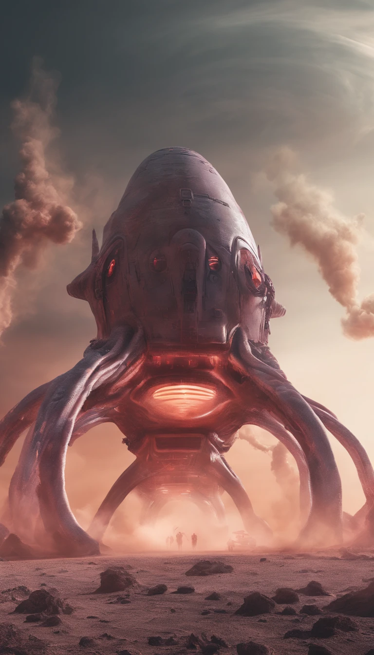 glossy phallic spaceship crash landing on alien planet, tentacles, smoke, explosion, muted color grading, sci-fi, horror, wide-angle shot