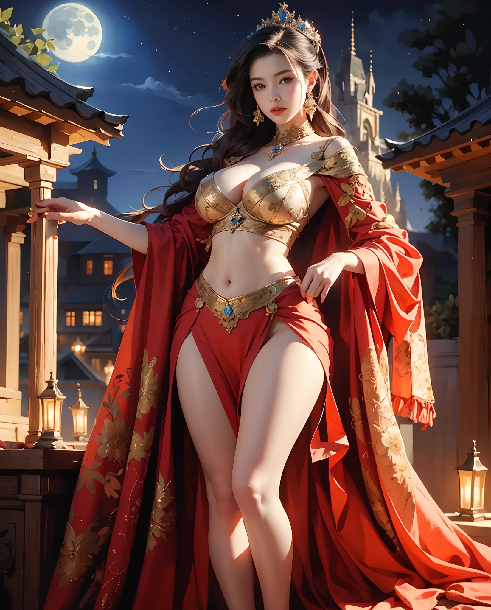 Best quality, masterpiece, meticulous detail, realistic, 1 girl, a hot beautiful princess sitting in the heavenly garden under the moonlight, big breast, big hips, long leg, sexy، full body, blissful