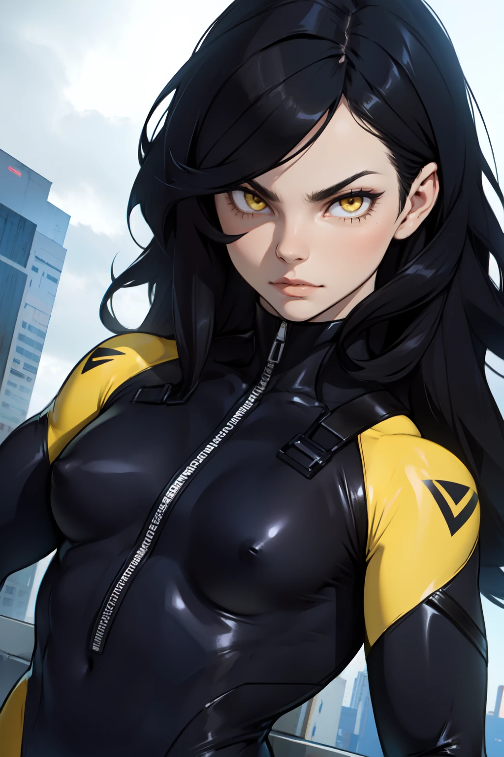 muscular, small breasts, toned body, 1 girl, black hair, pale skin, yellow eyes, very long hair looking at viewer close up bodysuit
