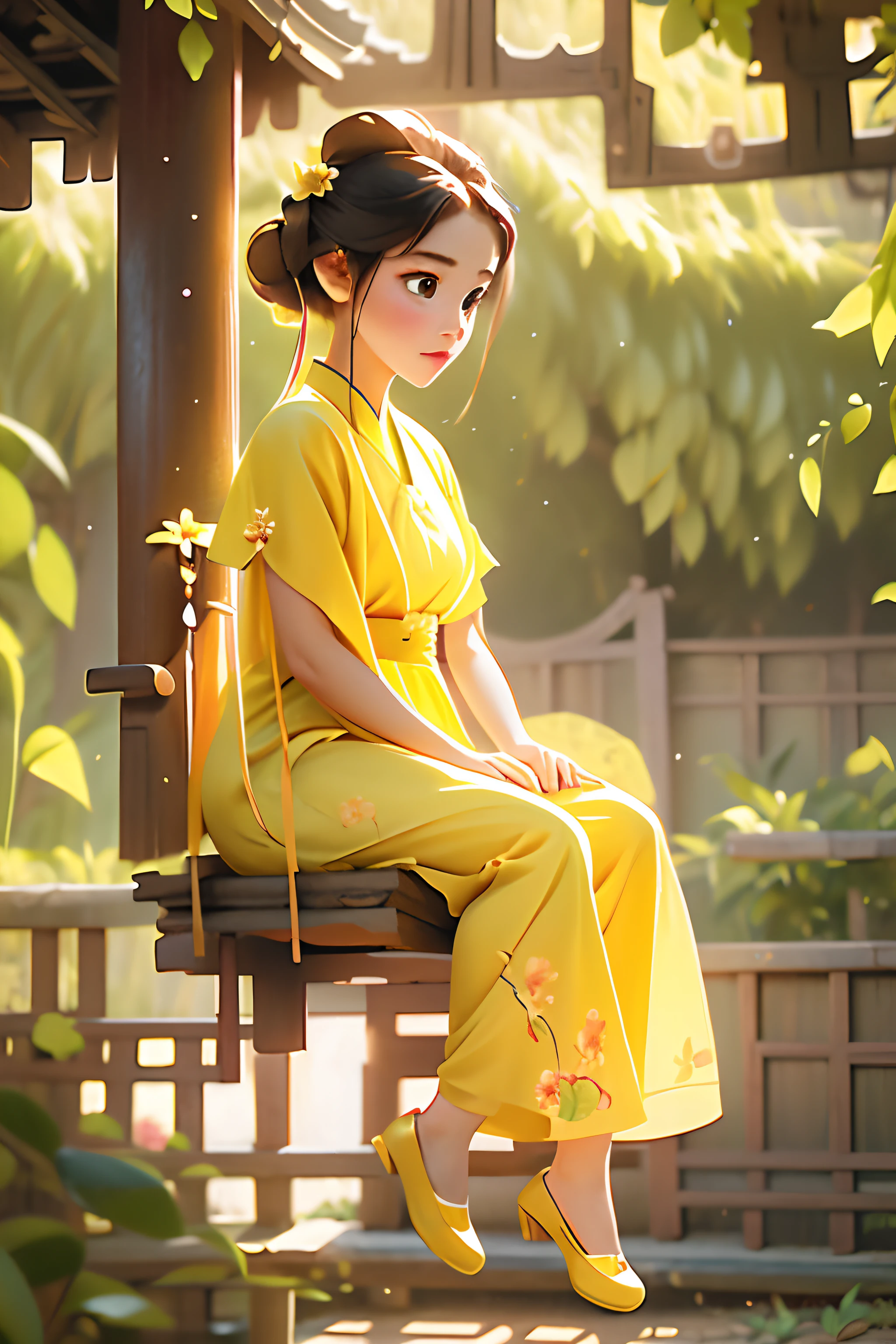 Full body picture of a beautiful hanfu girl playing on a swing, in a forest, wearing flowery short yellow colour swirly frock, attractive feminine form, morning light, vintage anime