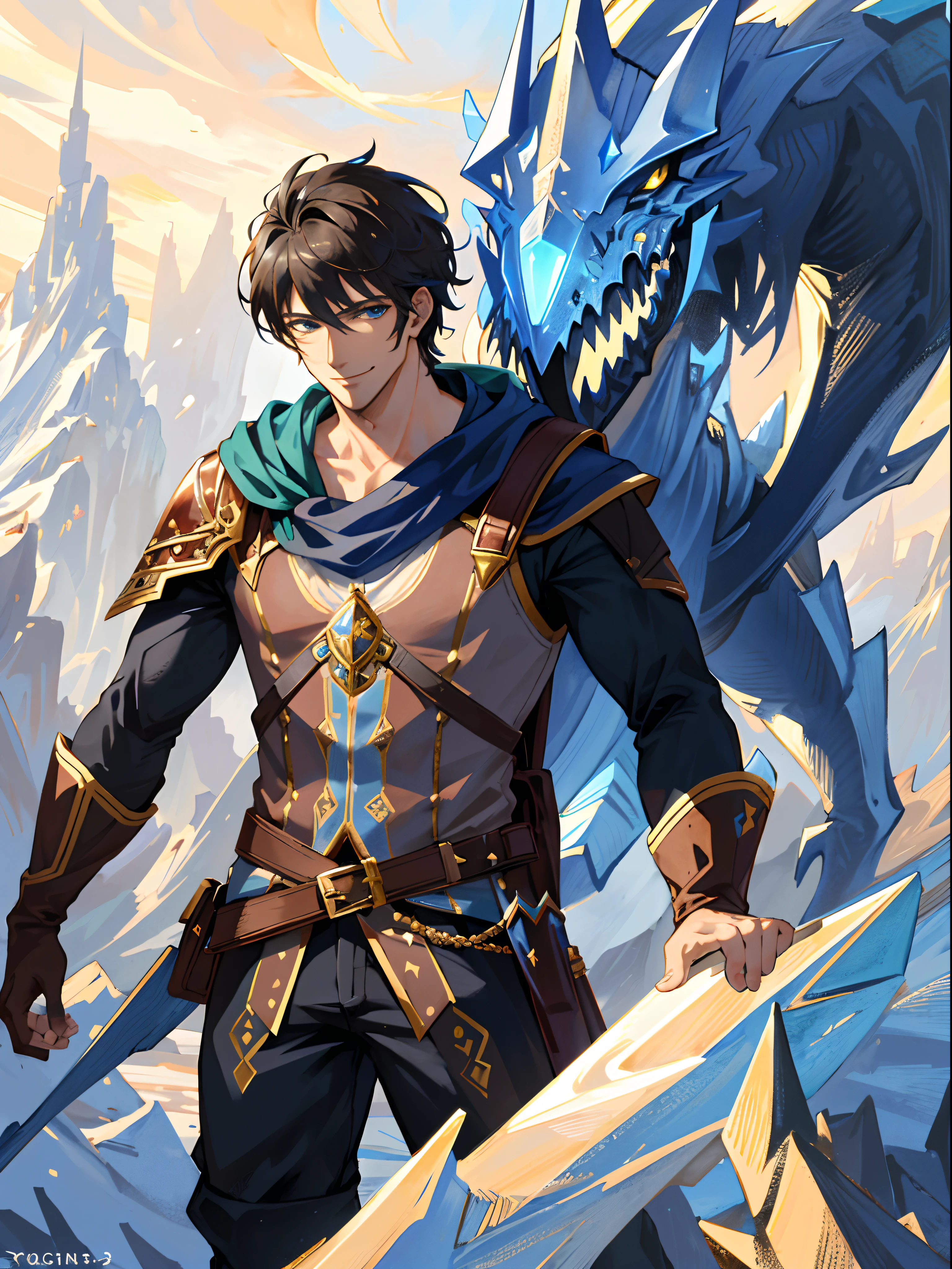 Fine quality,high detailed,super detailed,1 man,(handsome:1.2) with sharp face,charming smile and stylish costume,(adventure:0.8) with backpack,1 world,(fantasy:1.5) with various scary creatures,(modern:0.8) with skyscraper,Smile,Upper body,(best quality),looking at viewer,