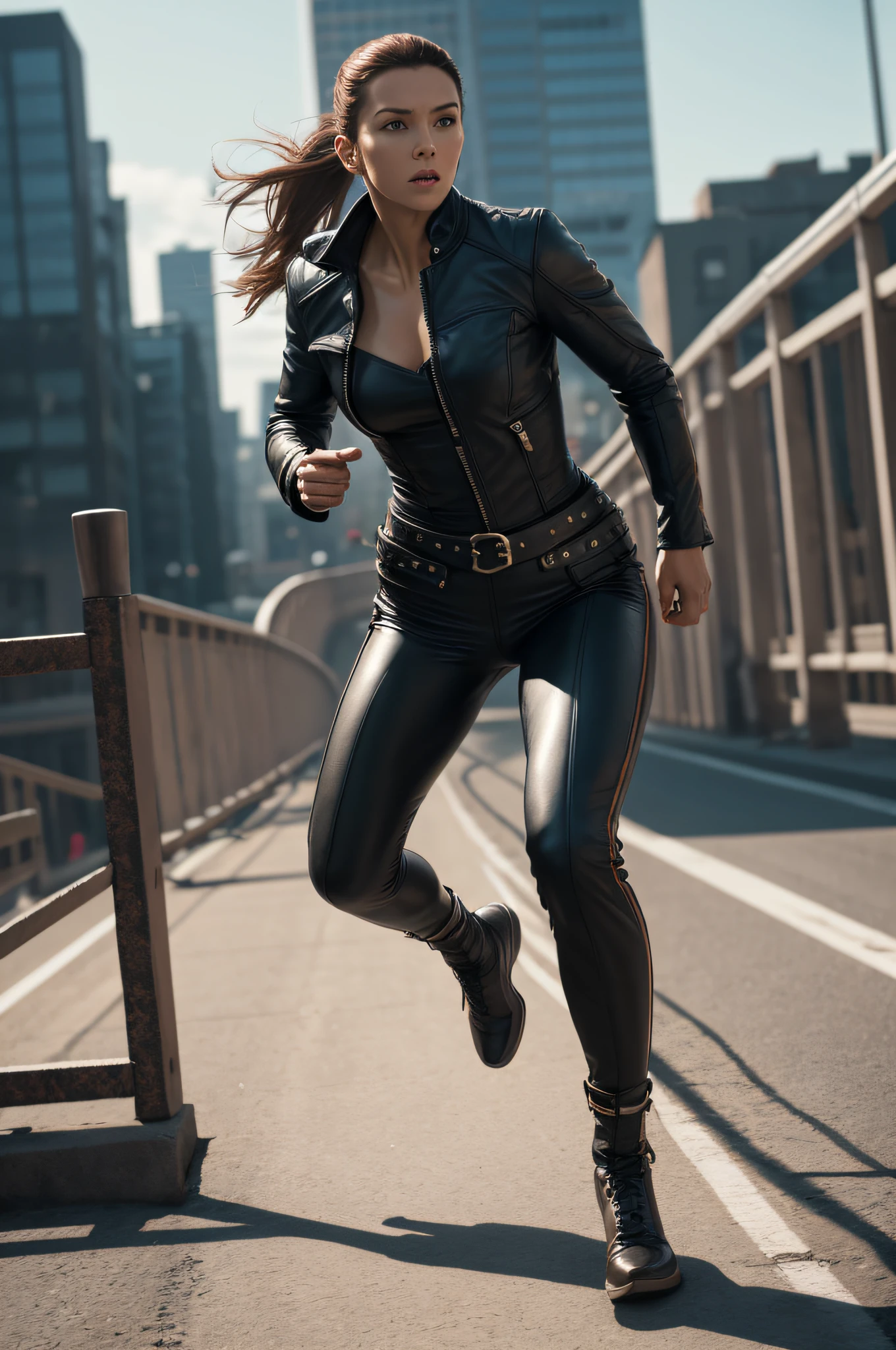 a woman, full body shot, ( leather costume:1.2), ,black fabric, skinny ,action movie scene, a woman running on a bridge, running with strenght, photography, detailed skin, realistic, photo-realistic, 8k, highly detailed, full length frame, sharp focus, hyperrealism, cinematic lighting, side picture