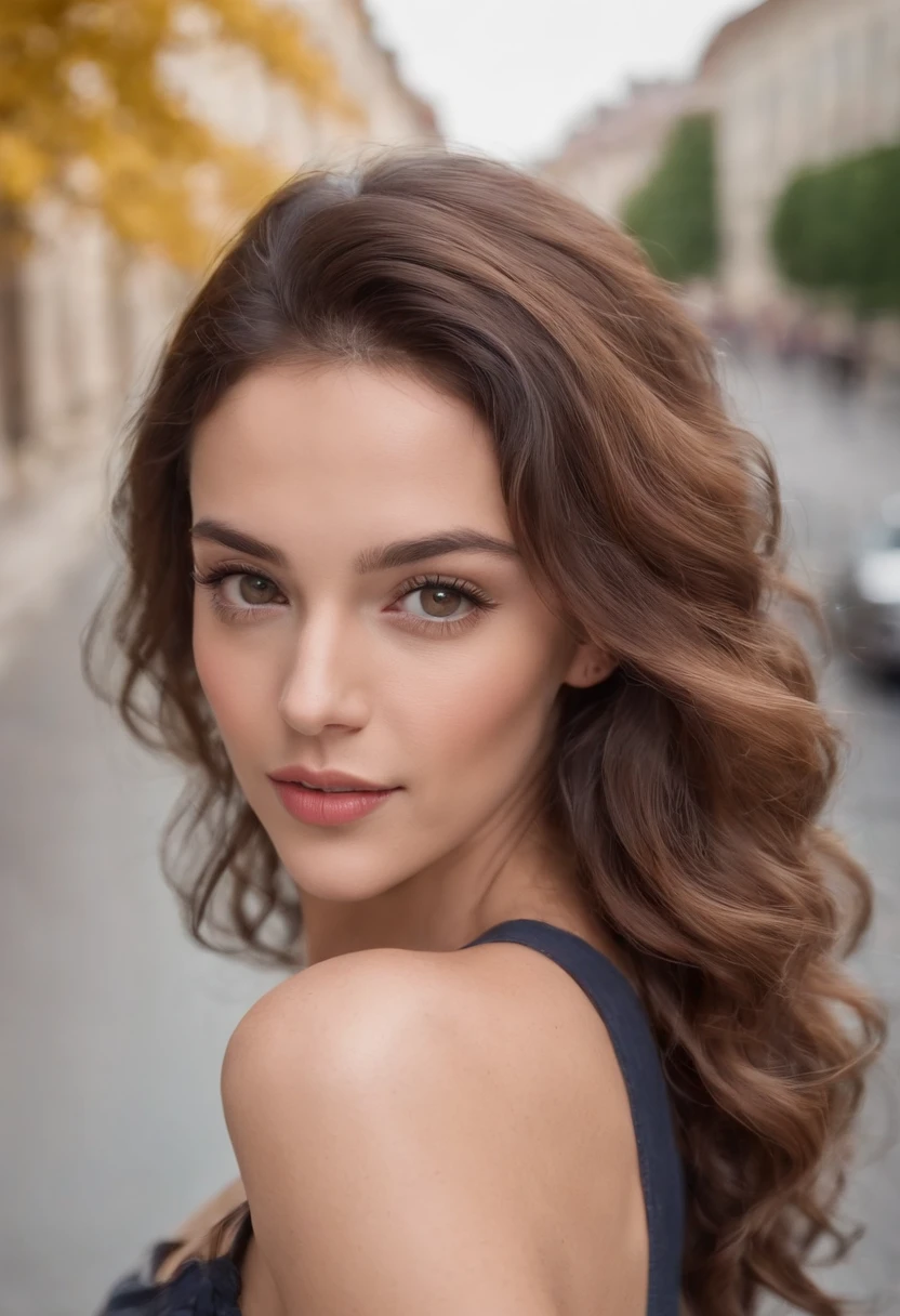 european portuguese sexy 30 years woman, brunette curly long hair, brown eyes, buildings on the background, big city, ultra realistic, beautiful eyes, ((perfect eyes)), ((perfect teeth)), full body picture, normal to big breast, detailed face, perfect skin, looking sexy at camera, trending on artgram, 50mm, stunning, studio, high quality photo, HQ