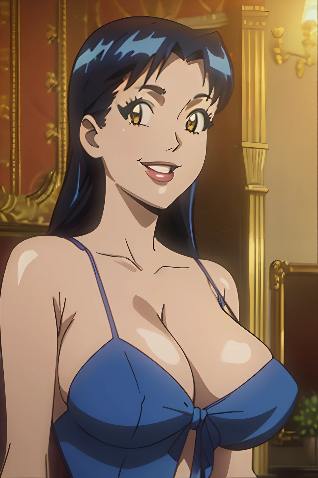 masterpiece, best quality, 1girl, veronica, black hair, upper body, looking at viewer, solo, indoors,smile, curvy, a short, royal blue dress with spaghetti straps, ((huge breasts 1.3))