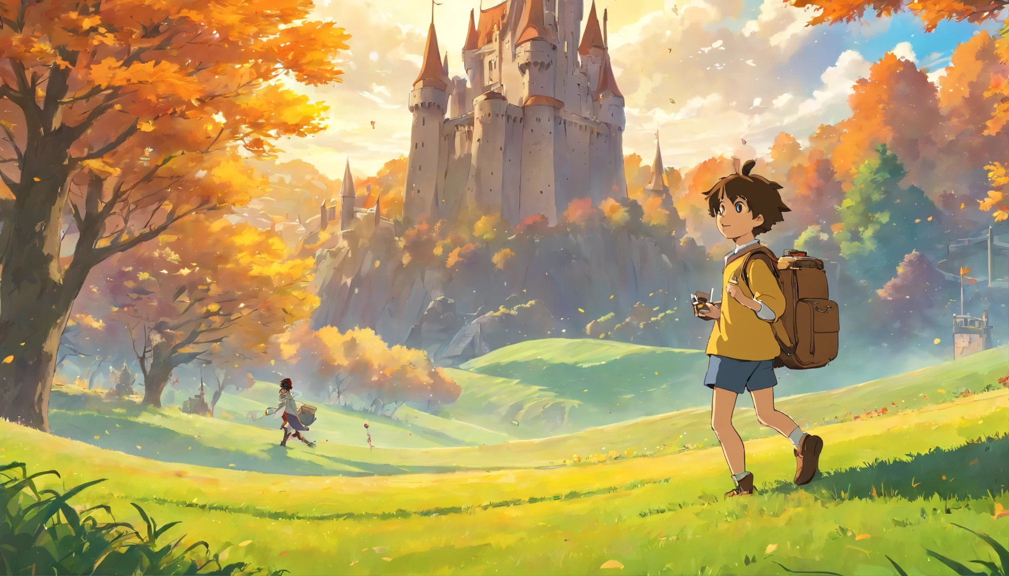 Wizard teenager (17 years old) Character with headphones on and a portable video console (Nintendo Game Boy) in his hands, playing, and a walking on a large grass field(Fall, Autumn), side view, on Hogwarts garden, with the sky and the castle from a far, wizards flying on broomstick from a far. Art style of Makoto Shinkai and Studio Ghibli
