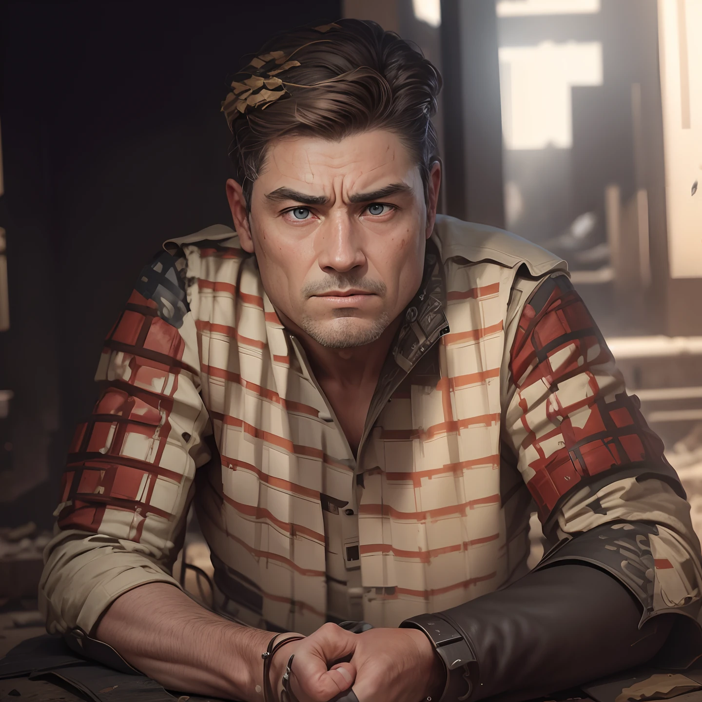 Change background to war scene and realistic face and 4k