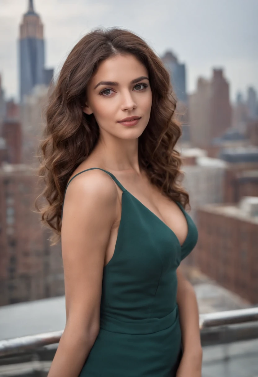 european portuguese sexy 30 years woman, brunette curly long hair, brown eyes, new york stock building on the background, big city, ultra realistic, beautiful eyes, ((perfect eyes)), ((perfect teeth)), full body picture, normal to big breast, detailed face, perfect skin, looking sexy at camera, trending on artgram, 50mm, stunning, studio, high quality photo, HQ