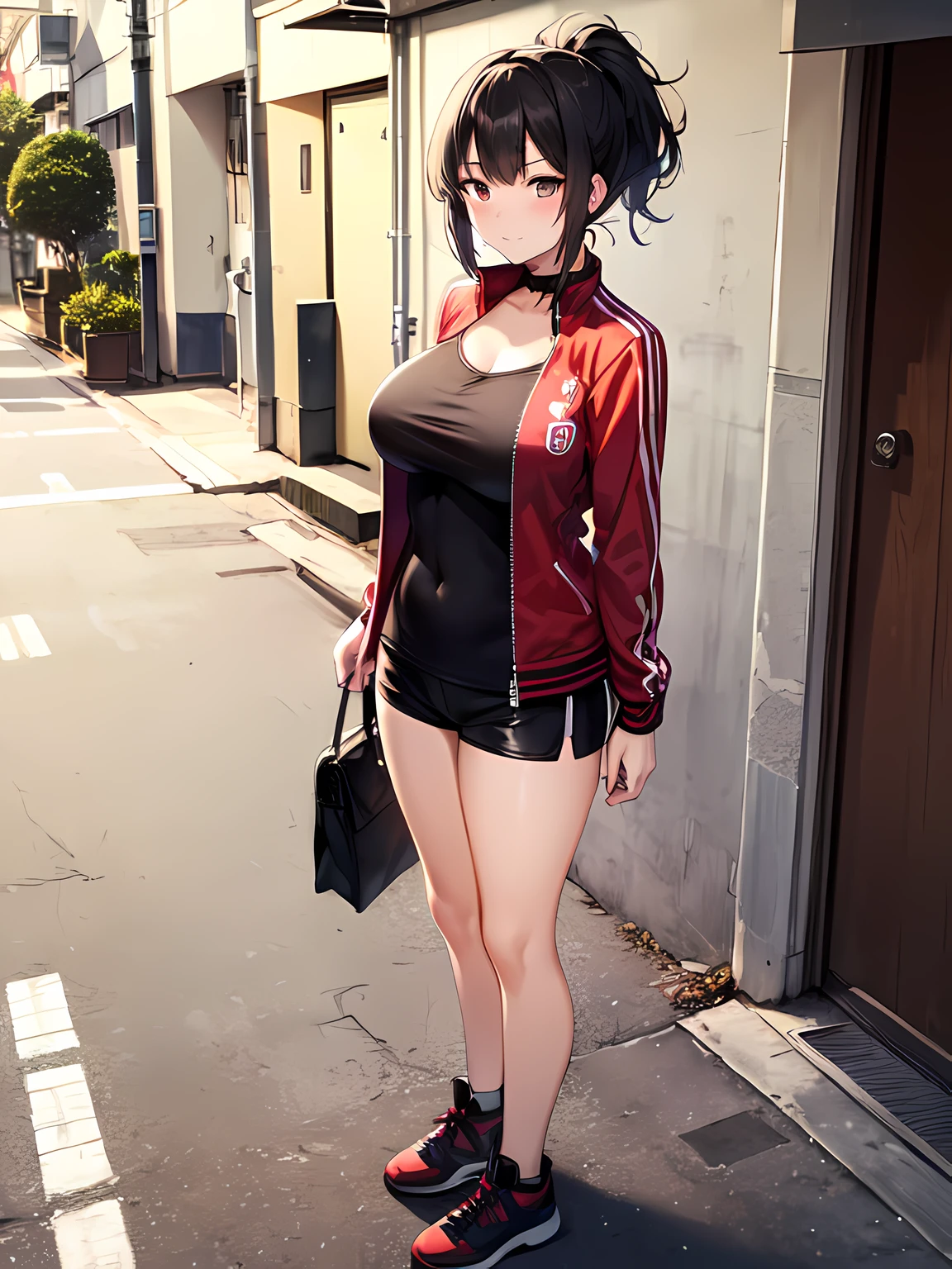 (Best Quality, High quality, masuterpiece:1.2), (illustration:1.3), beautiful detailed face and eyes, Elegant, (cute:1.2), Woman coming to the meeting place, Mature Woman, 35 year old, cute, Large breasts, (Slender and sporty body:1.1), Ponytail, blushing, serious, (red jacket:1.2), (Black tank top inner:1.1), bare navel, (hot pants:1.1), Black hair, Black eyes, Perspective, Blushing face, Tokyo Streets, full body, cowboy shot, morning, natural light