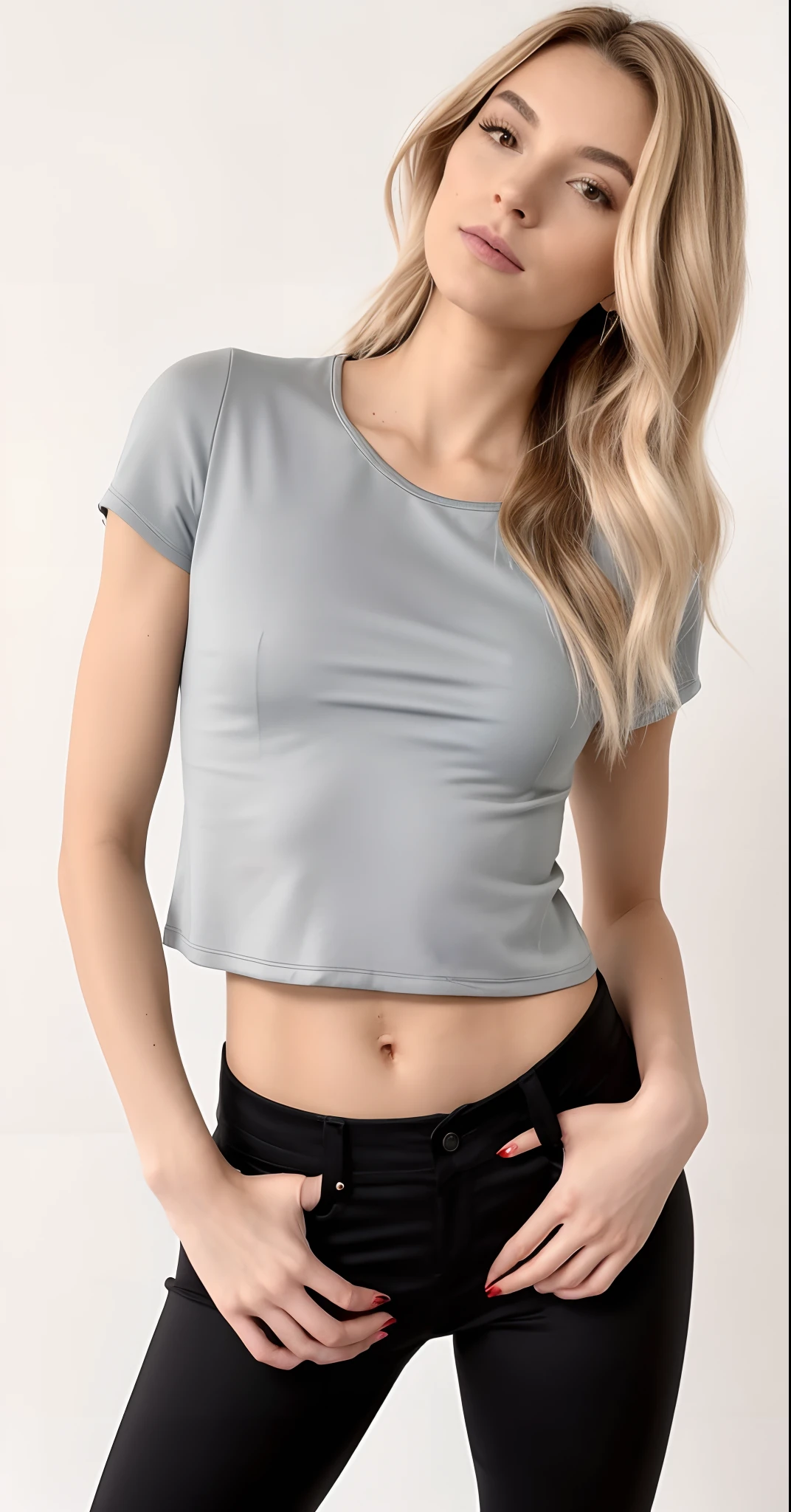 A woman in a crop top is posing for a photo, vestindo uma camiseta muscular, Topo de colheita, topo de corte, usando topo de corte, usando um top cropped, com corte rasgado t - camisa, usando um top cropped sexy, com ombreiras, camisa cinza, usando um top cropped, usando um topo de corte, midriff exposto, usando um top bonito