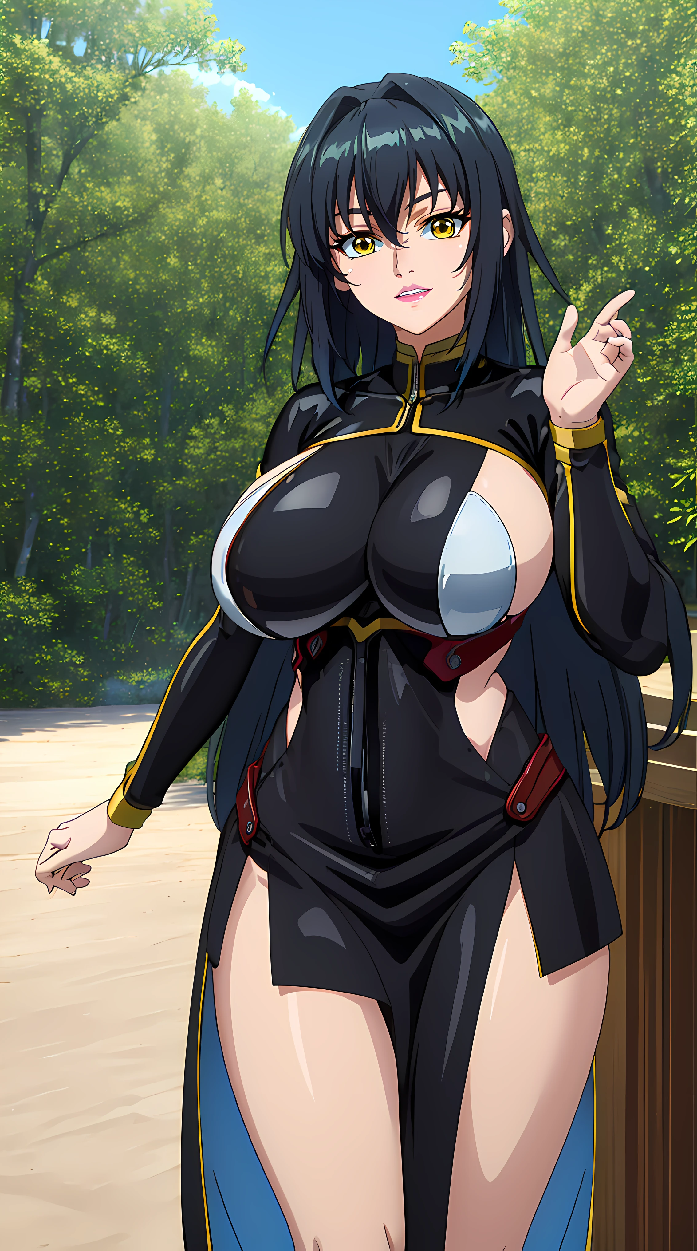 walking in forest at day background, trees, forest, (((beautiful smile:1.5))),
Annerose, beautiful posing, raising hands,
bodysuit latex, sideboobs, black outfit, front view,
black_hair,yellow_eyes, long_hair, hair intakes,
1 girl, 35 years old,mature female,Beautiful Finger,Beautiful long legs,Beautiful body,Beautiful Nose,Beautiful character design, perfect eyes, perfect face, gorgeous body, sexy body,
looking at viewer, standing at attention, (big_yellow_eyes:1.0),
NSFW,official art,extremely detailed CG 8k wallpaper, perfect lighting,Colorful, Bright_Front_face_Lighting,
(masterpiece:1.0),(best_quality:1.0), ultra high res,4K,ultra-detailed,
photography, 8K, HDR, highres, absurdres:1.2, Kodak portra 400, film grain, blurry background, bokeh:1.2, lens flare, (vibrant_color:1.2)
(Beautiful,large_Breasts:1.4), (beautiful_face:1.5),(narrow_waist),