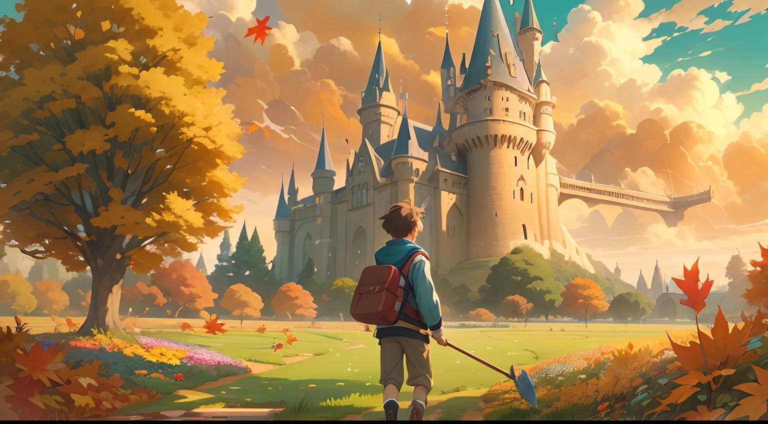 Wizard teenager (17 years old) Character with headphones on and a portable video console (Nintendo Game Boy) in his hands, playing, and a walking on a large grass field(Fall, Autumn), side view, on Hogwarts garden, with the sky and the castle from a far, wizards flying on broomstick from a far. Art style of Makoto Shinkai and Studio Ghibli
