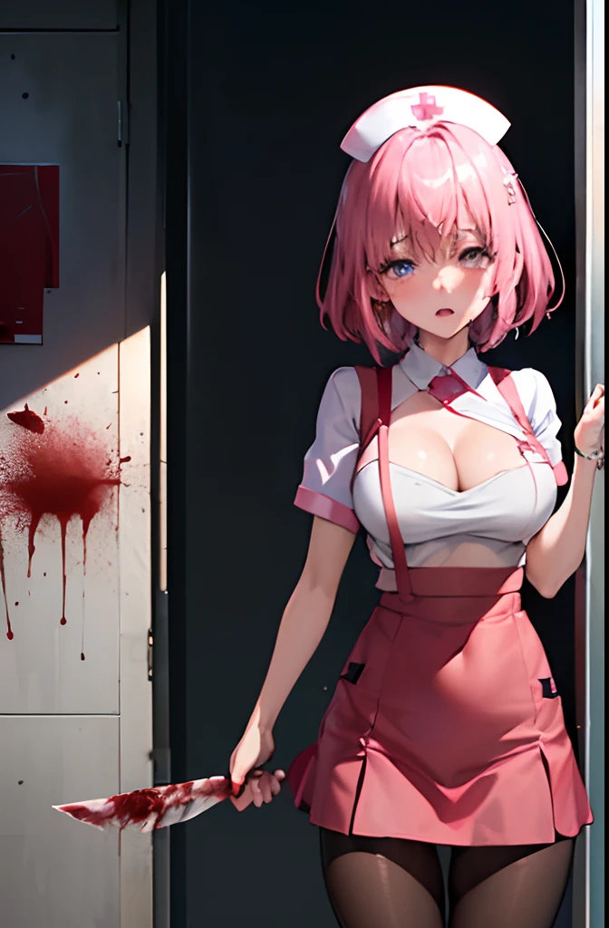 (top-quality:1.1), (tmasterpiece:1.4), (absurderes:1.0), porate, closeup cleavage,Armed with a large knife,Eerily laughter,Perverted,homicide,1girl in、Momolia Deveruk、hair adornments、bob-cut、short hair pink hair、a purple eye、Medium chest、((Worn-out nurse outfits))、looking at viewert、(Red blush:1.2)、A weird expression、(((Black pantyhose)))、with black background、((((A large amount of blood is spread all over the body and walls))))、((opening legs))、Nurse shoes、((Blood red moon)),moon full、(A miniskirt)、Wet