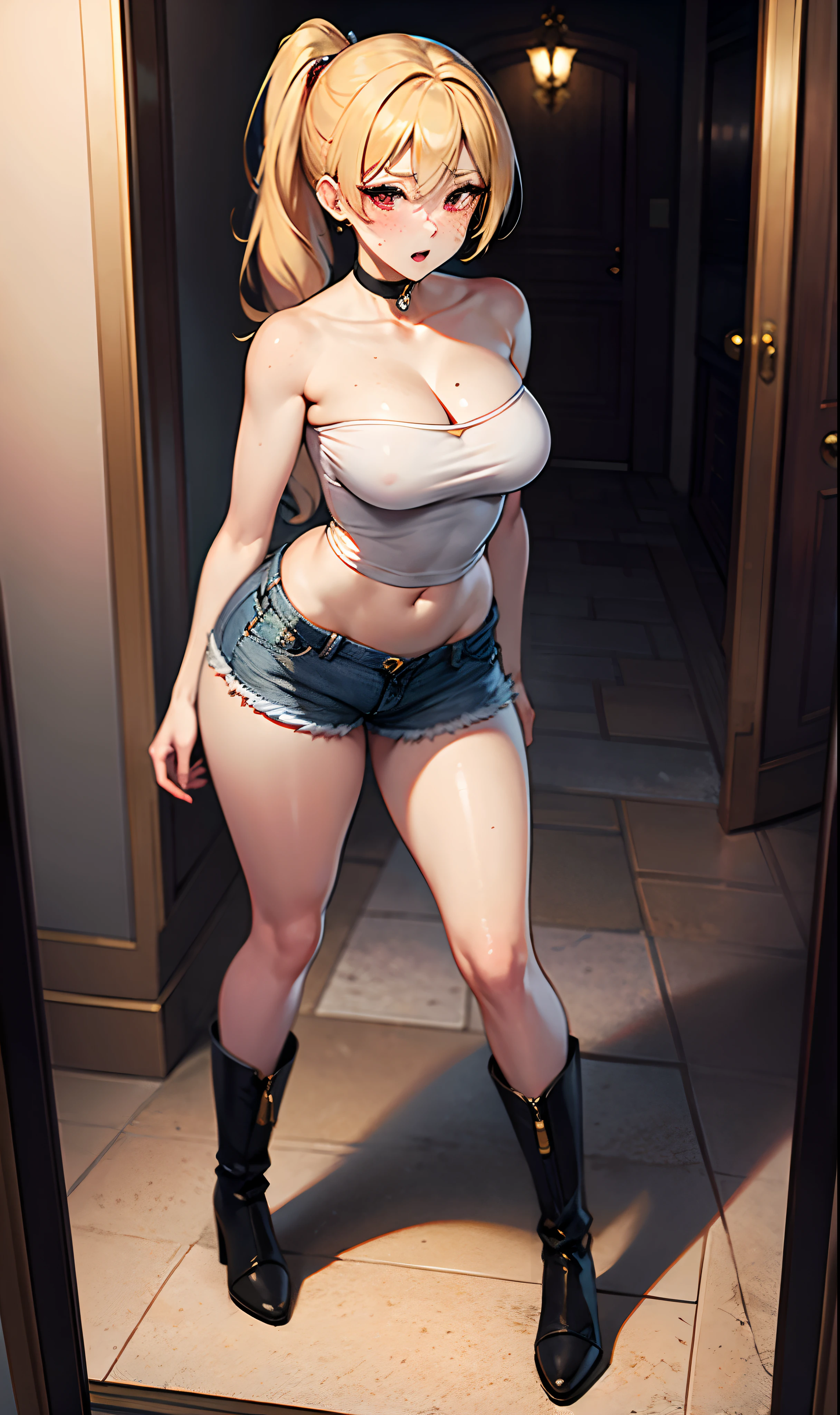 A high detailed illustration of a beautiful anime girl [blonde one side ponytail, freckles, beautiful red eyes, freckles, choker, lustful expression, cocky expression , collarbone, large breasts, small waist, wide hips, juicy thighs], solo, wearing a shirt [ strapless ,white shirt, cleavage, naked waist, no sleeves],no bra, wearing shorts [sexy shorts, black shorts, very revealing shorts, black jean shorts], wearing high heel boots [ black boots, high heel boots, boots up to her knee], in the hall of a high class hotel, facing the camera, posing standing, sexy posing, 8k, best quality, highres, masterpiece, full body picture, high detailed