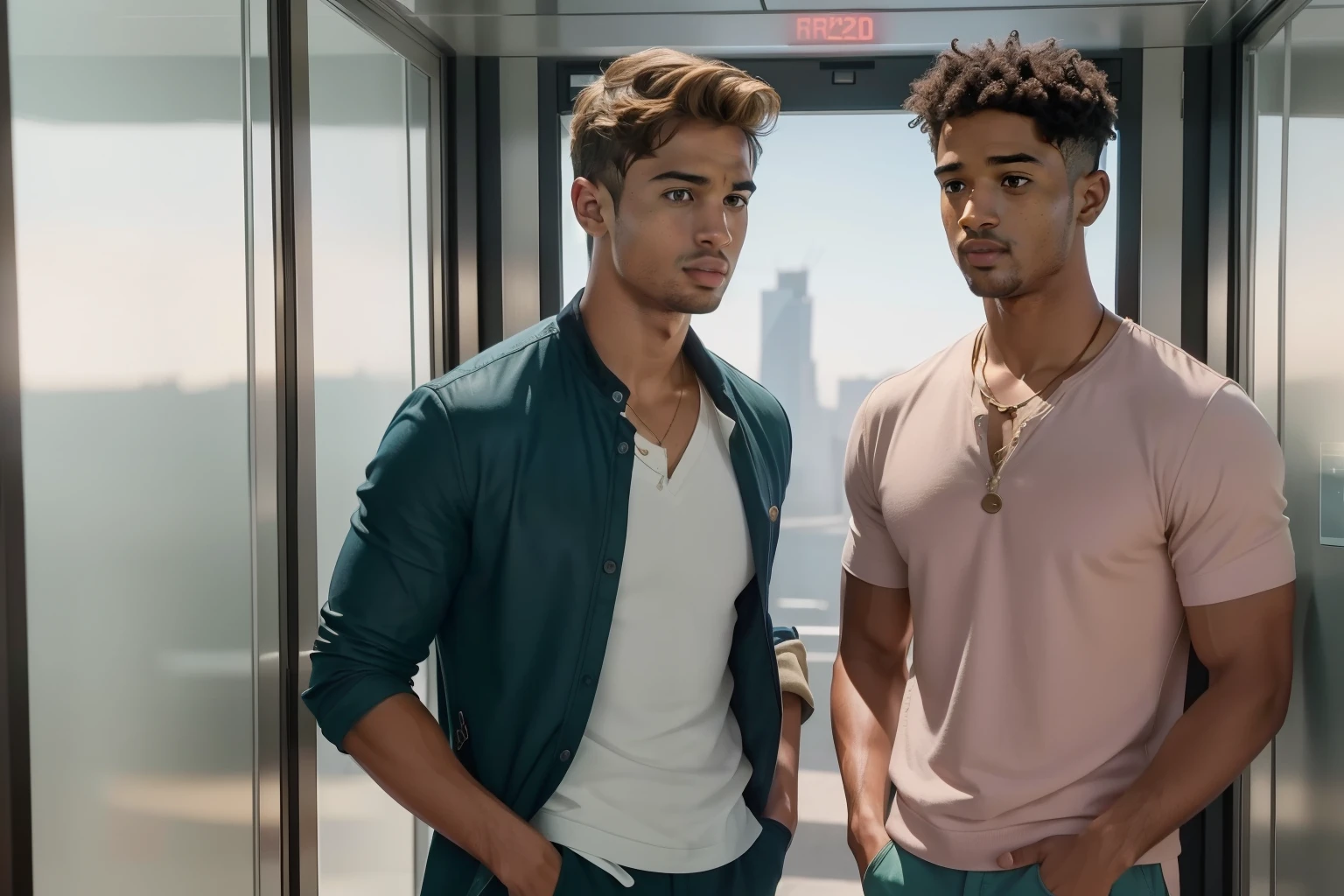year: 2023. Location: Phoenix. Pre-Raphaelite scene with a 27-year-old (Theo James), with Alfred Enoch, inside an elevator, ((((casual Clothing from the 2020s)))) ((Hairstyle of the 2020s)), pastel colors, (((cinematic style)))